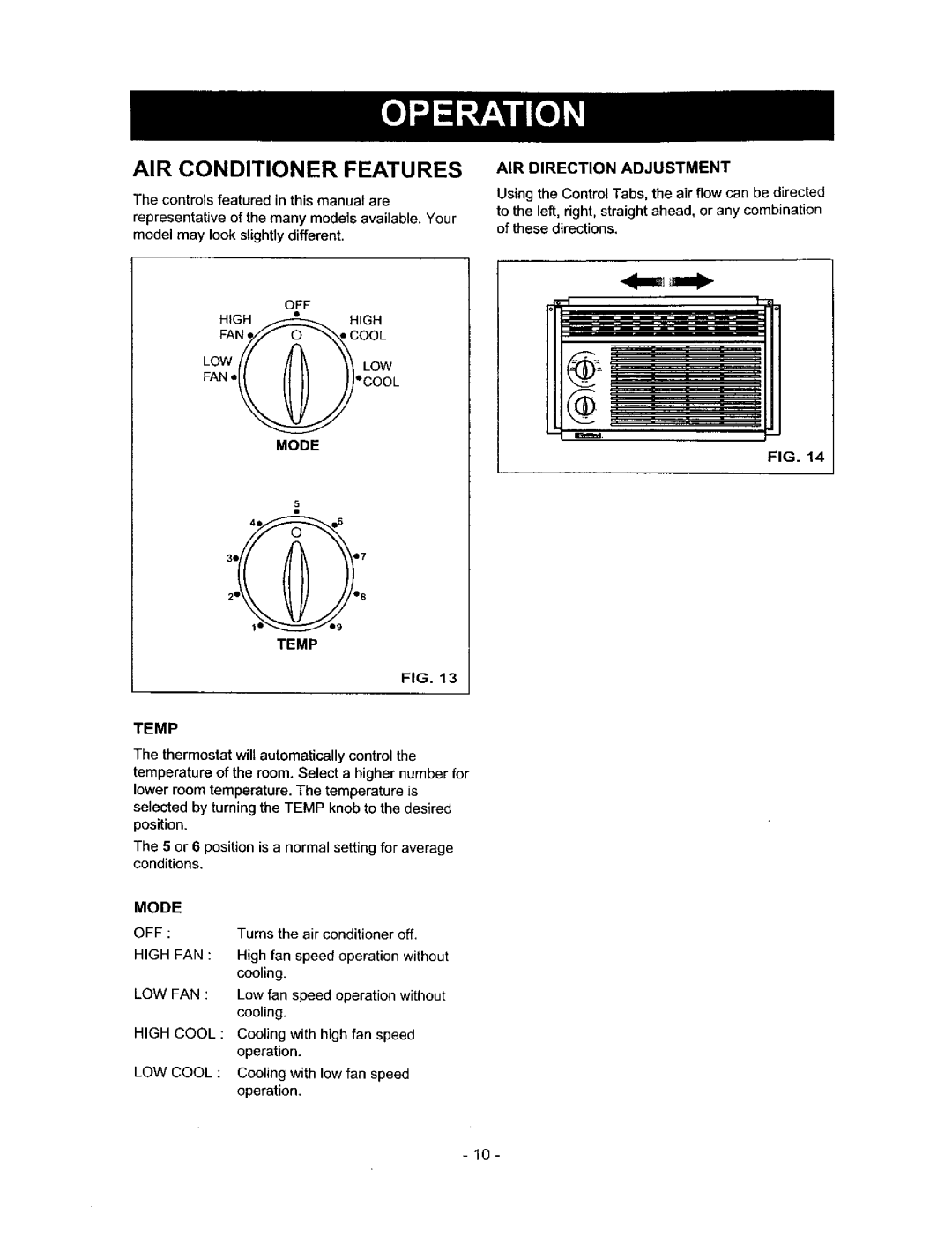 Kenmore 580.72053 owner manual AIR Conditioner Features, AIR Direction Adjustment, Temp 