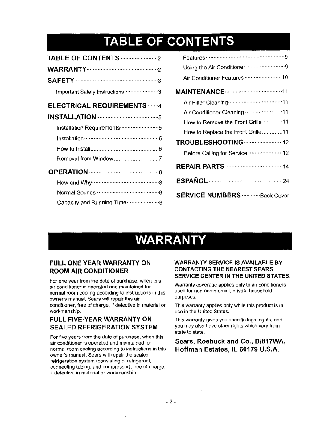 Kenmore 580.72053 owner manual Contents Warranty Safety, Electrical Requirements Installation, Operation, Maintenance 