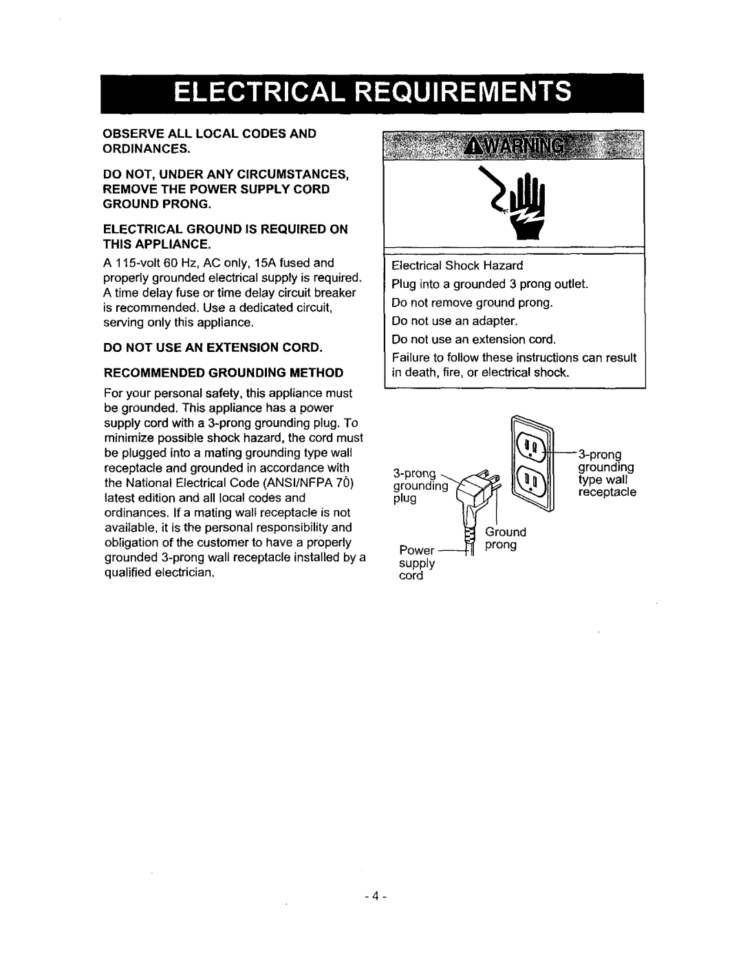 Kenmore 580.72053 owner manual Do not USE AN Extension Cord Recommended Grounding Method 