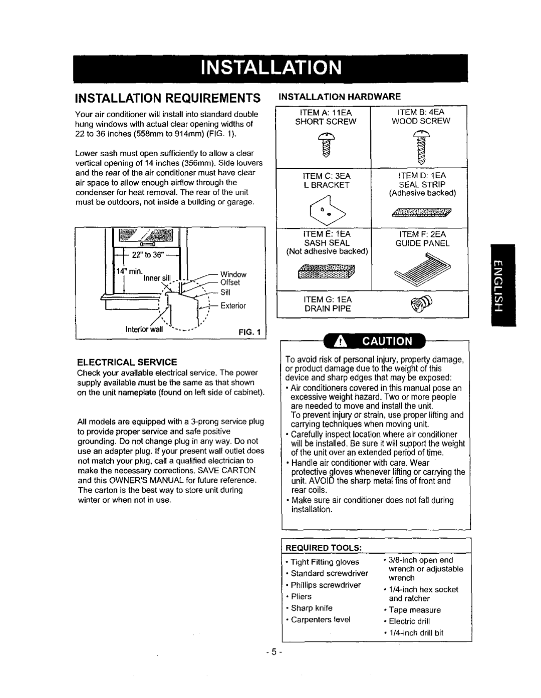 Kenmore 580.72053 owner manual Installation Requirements, Installation Hardware, Electrical Service, Required Tools 