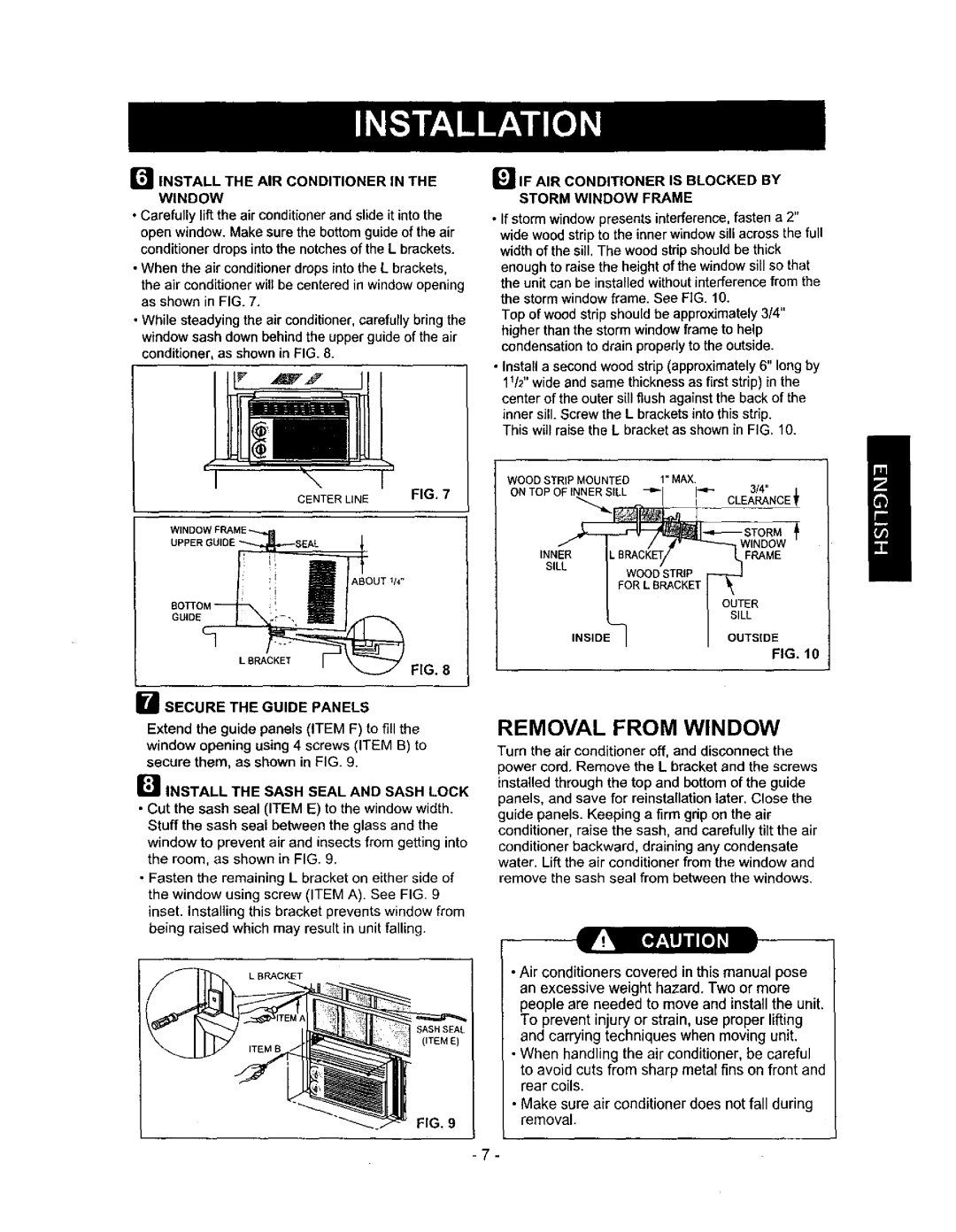 Kenmore 580.72053 Removal from Window, Secure the Guide Panels, Iiif AIR Conditioner is Blocked by Storm Window Frame 