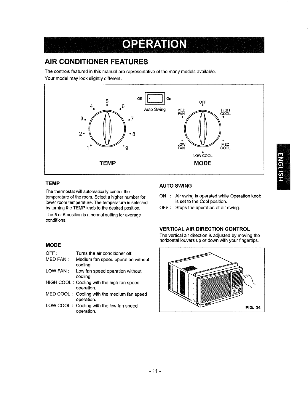 Kenmore 580.72184 owner manual AIR Conditioner Features, Temp, Auto Swing, Vertical AIR Direction Control, Mode 