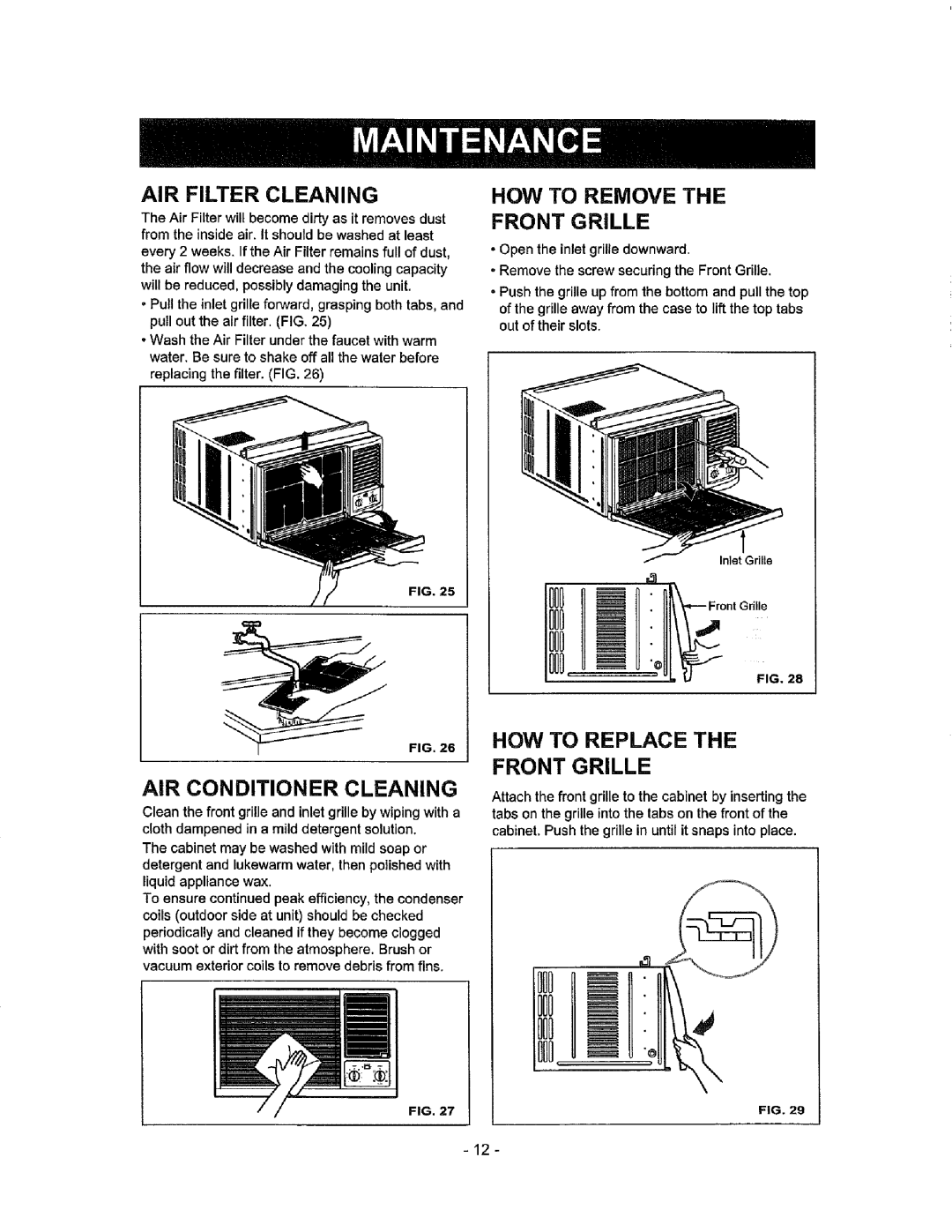 Kenmore 580.72184 owner manual AIR Filter Cleaning, HOW to Remove Front Grille, HOW to Replace the Front Grille 