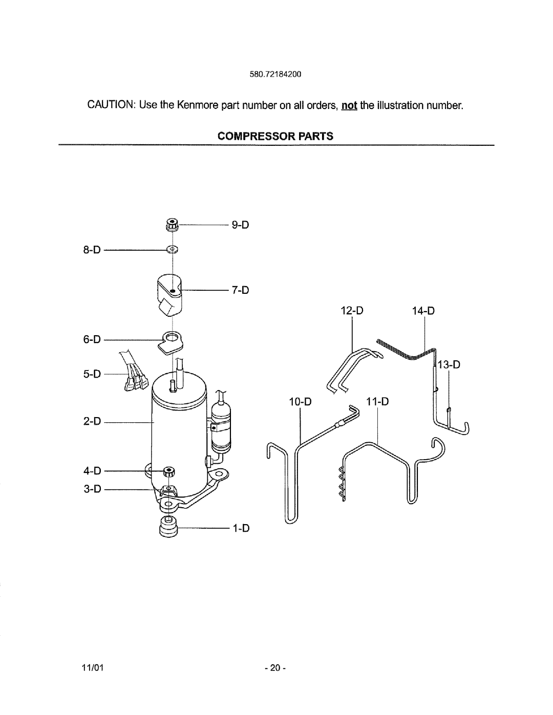 Kenmore 580.72184 owner manual Compressor Parts 