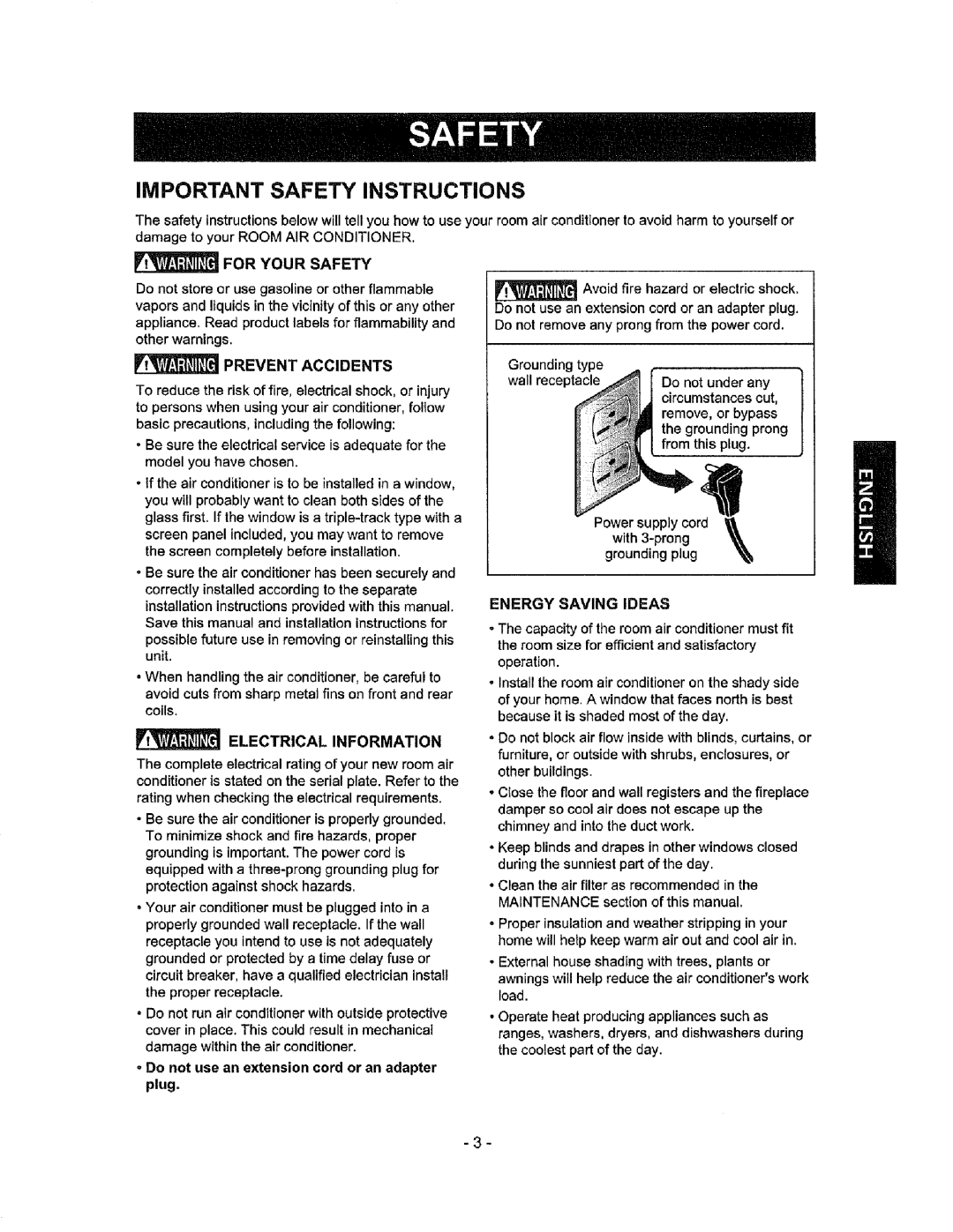 Kenmore 580.72184 Important Safety Instructions, Prevent Accidents, Electrical Information, Energy Saving Ideas 