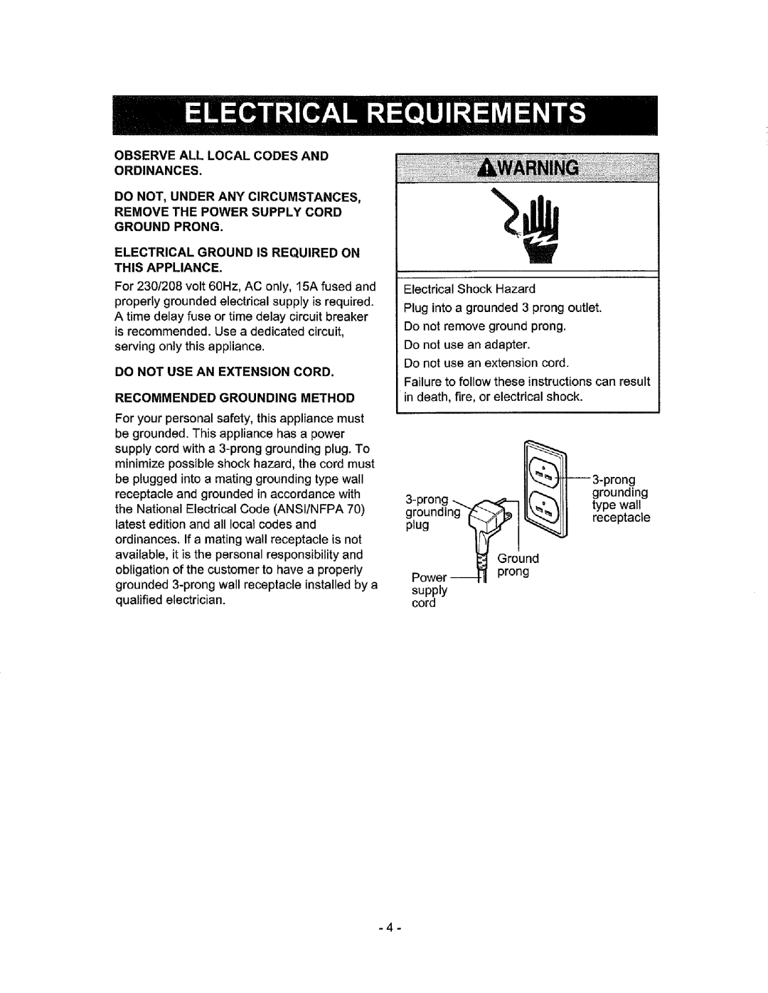 Kenmore 580.72184 owner manual Recommended Grounding Method, National Electrical Code ANSI/NFPA 