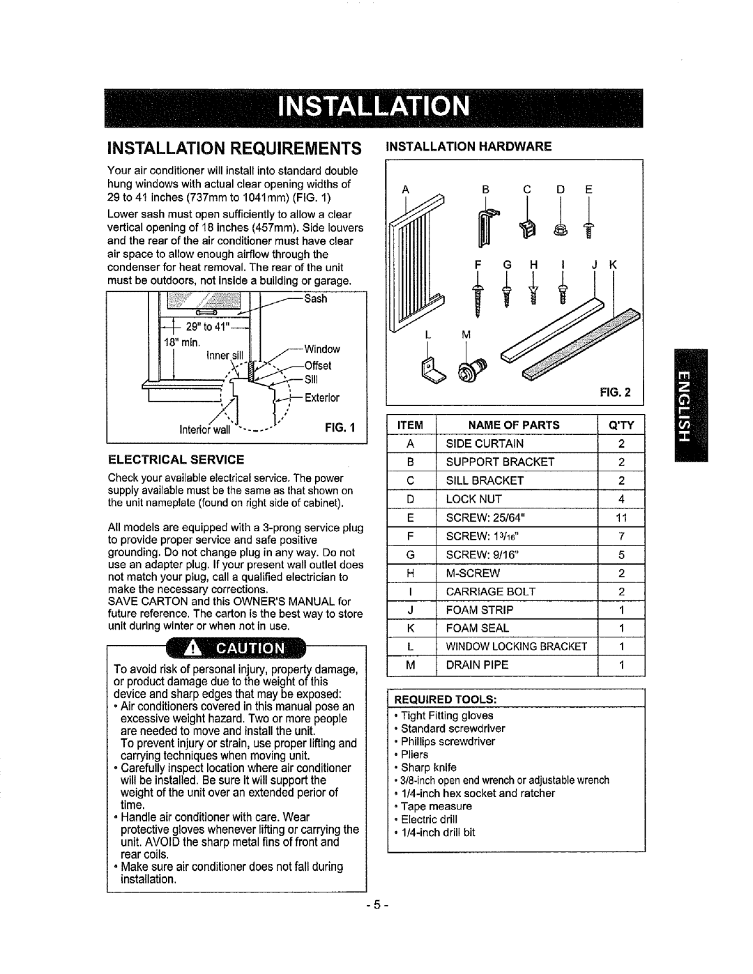 Kenmore 580.72184 owner manual Installation Requirements Installation Hardware, Interior wall, Electrical Service 