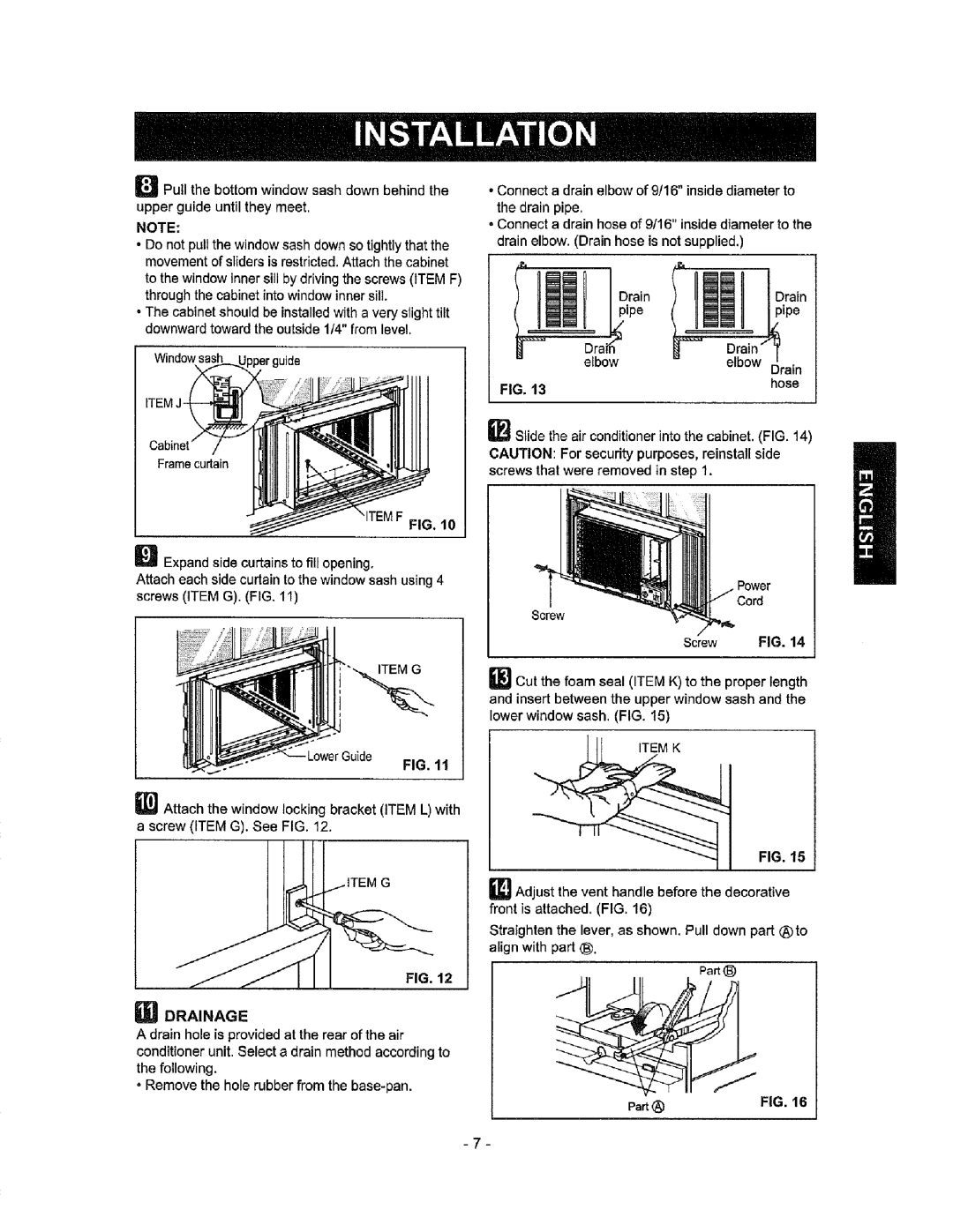 Kenmore 580.72184 owner manual Am Drainage Drain holeis providedat the rear of theair, Screw FIG, Part 