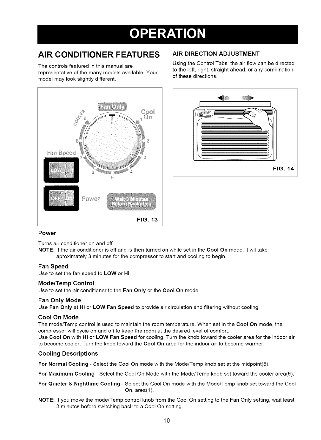 Kenmore 580.75050 owner manual AIR Conditioner Features, AIR Direction Adjustment 