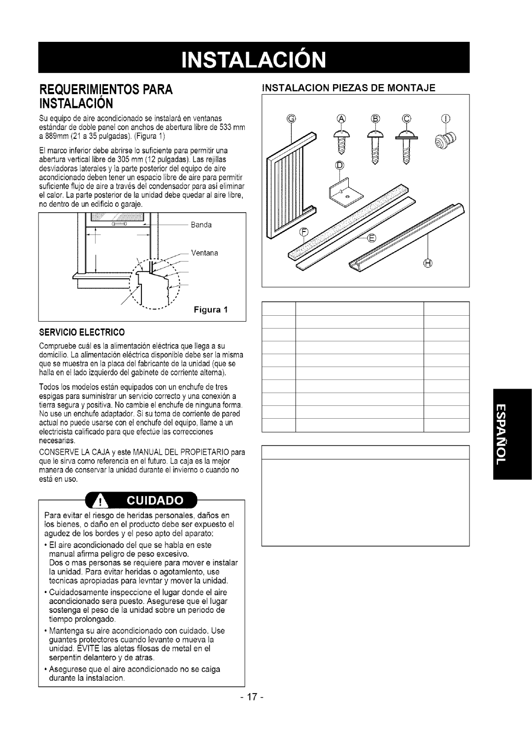 Kenmore 580.75050 owner manual Instalacion Piezas DE Montaje, 8ERVICIOELECTRICO 