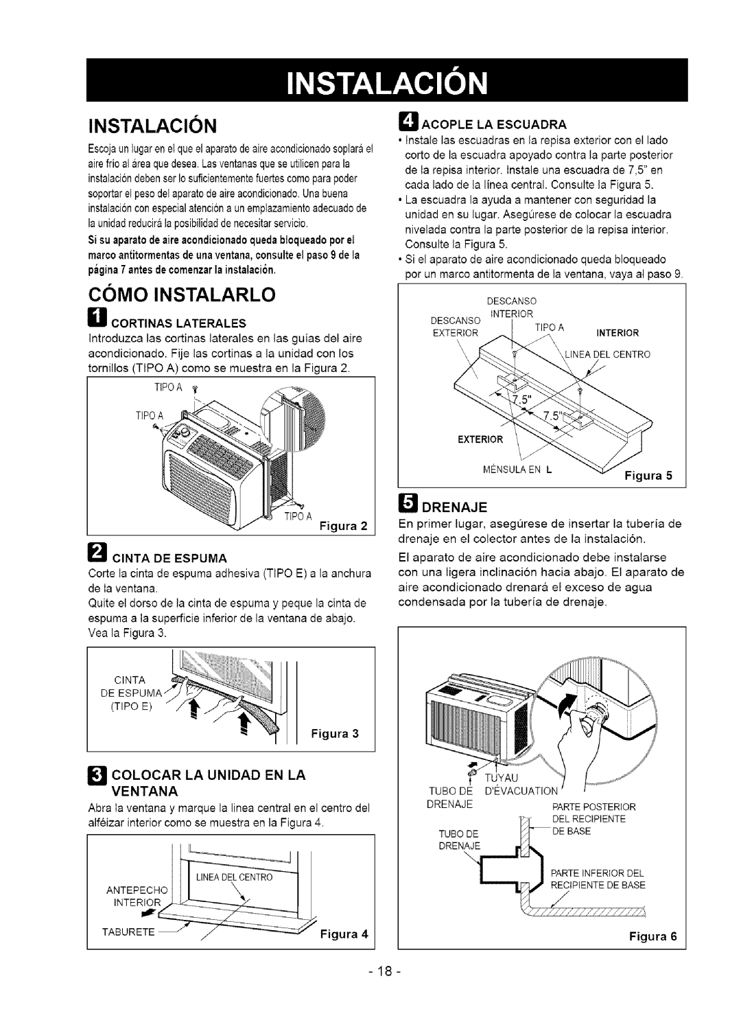 Kenmore 580.75050 owner manual Instalacion, Colocar LA Unidad EN LA Ventana, Drenaje, Cortinas Laterales 