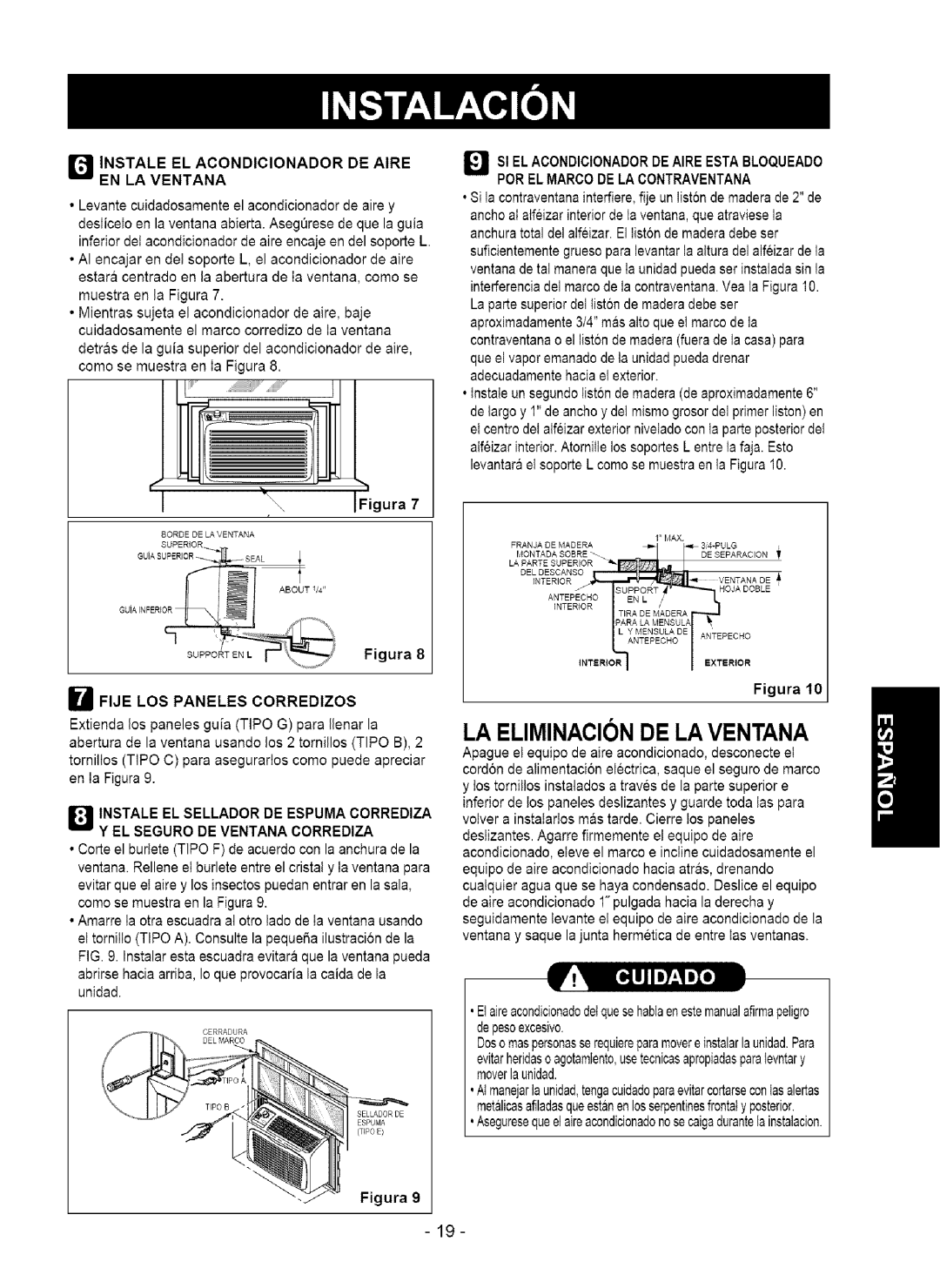 Kenmore 580.75050 owner manual LA Eliminacion DE LA Ventana, Instale EL Acondicionador DE Aire EN LA Ventana 