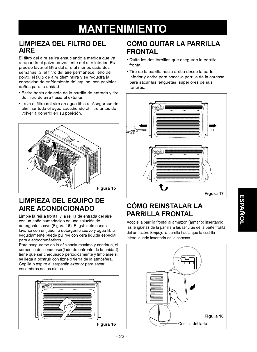 Kenmore 580.75050 owner manual Limpieza DEL Filtro DEL Aire, Limpieza DEL Equipo DE Aire Acondicionado, Frontal 