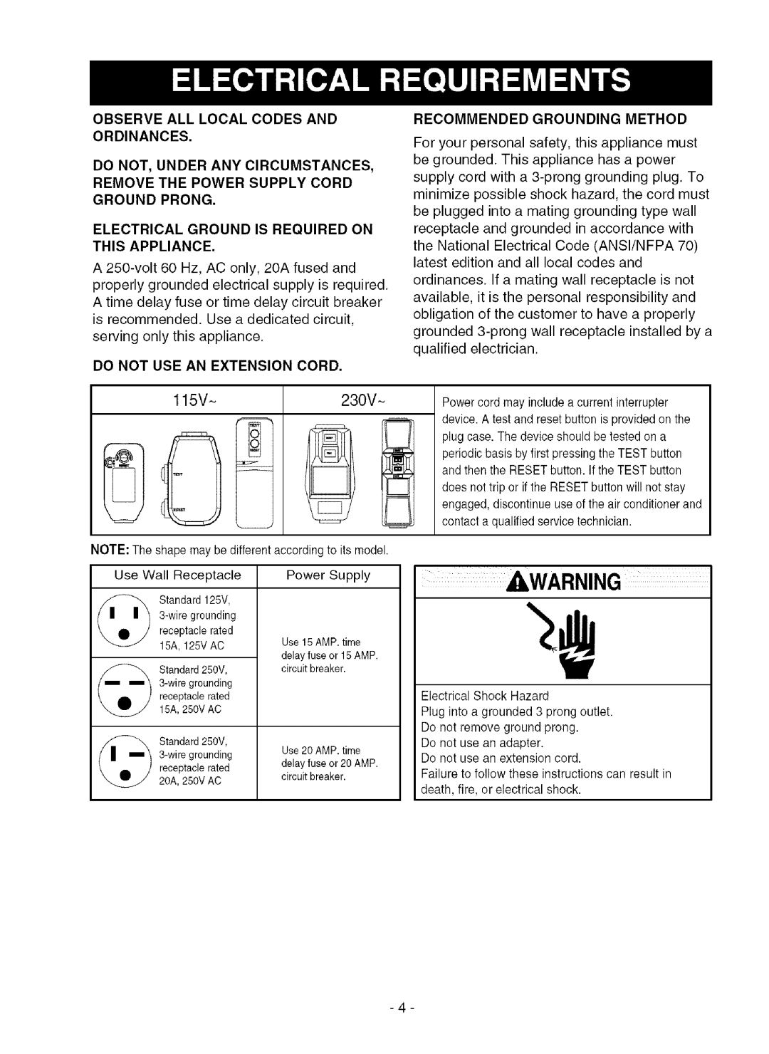 Kenmore 580.75050 owner manual Do not USE AN Extension Cord, Recommended Grounding Method 