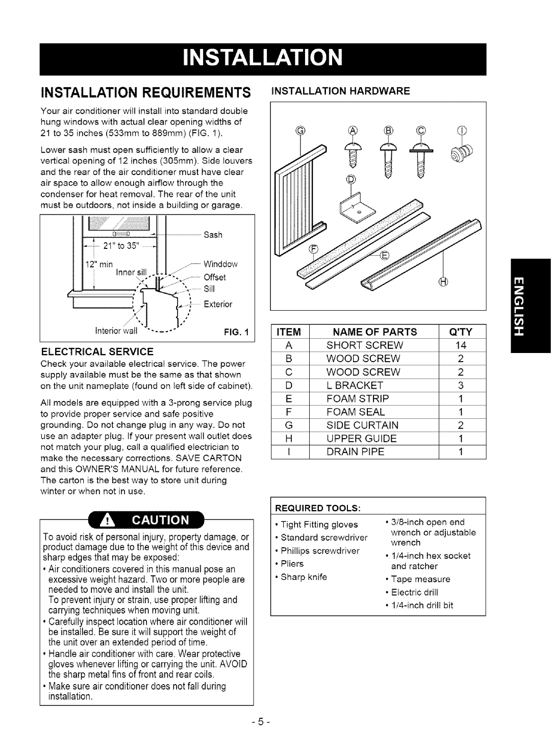 Kenmore 580.75050 owner manual Installation Requirements, Installation Hardware, Name of Parts, Qty, Required Tools 