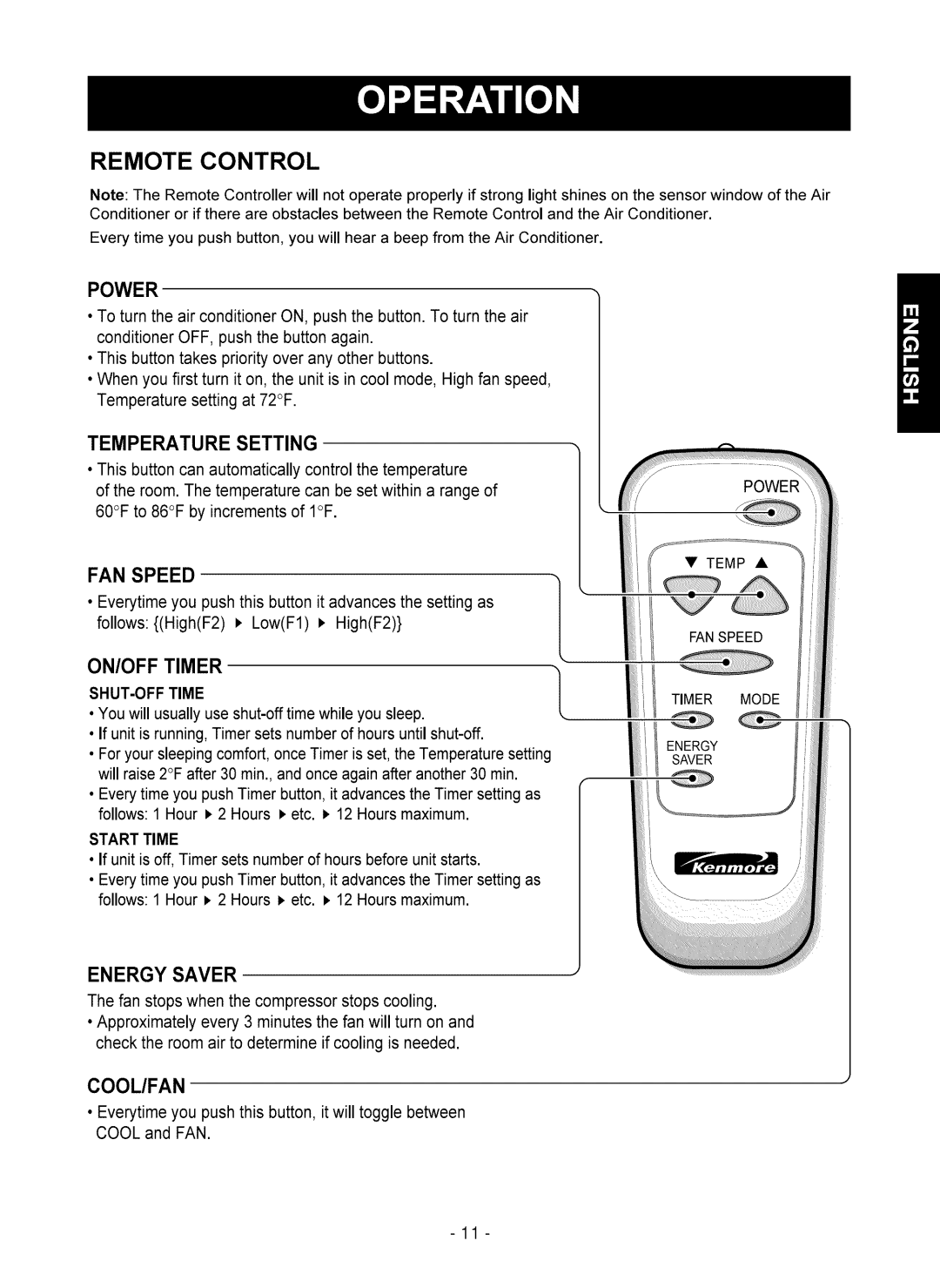 Kenmore 580.75051 owner manual Remote Control, Power 