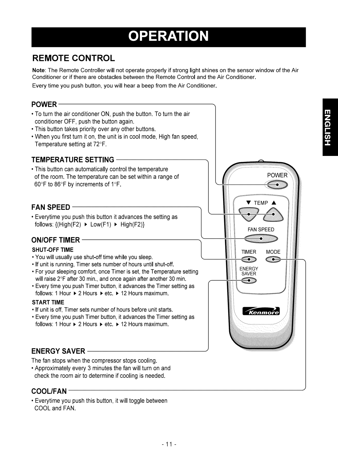 Kenmore 580.75051 owner manual Remote Control, Power, Temperature Setting, Fan Speed, Energy Saver, Cool/Fan 