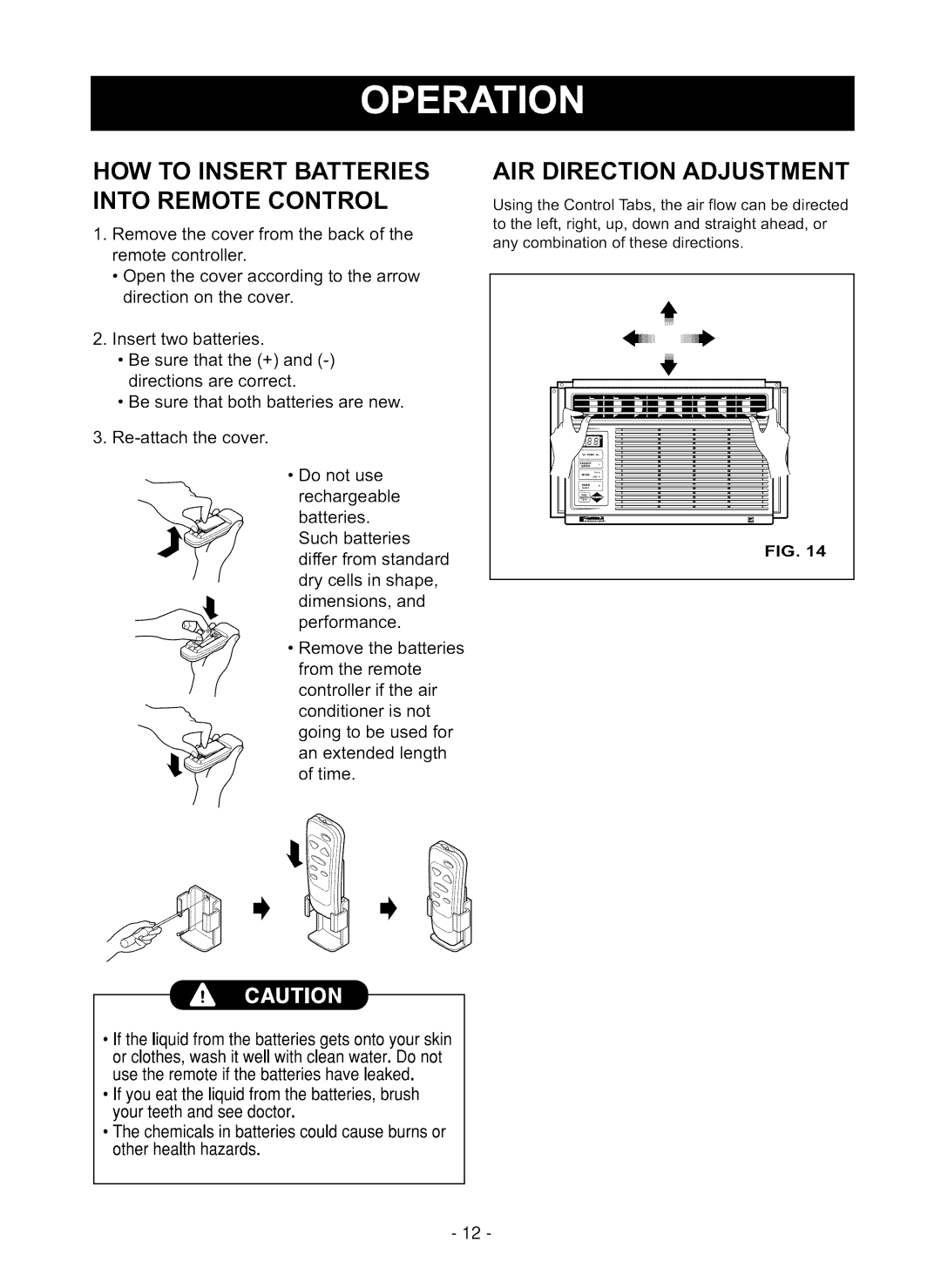 Kenmore 580.75051 owner manual I oJ, How To Insert Batteries Into Remote Control, Air Direction Adjustment 