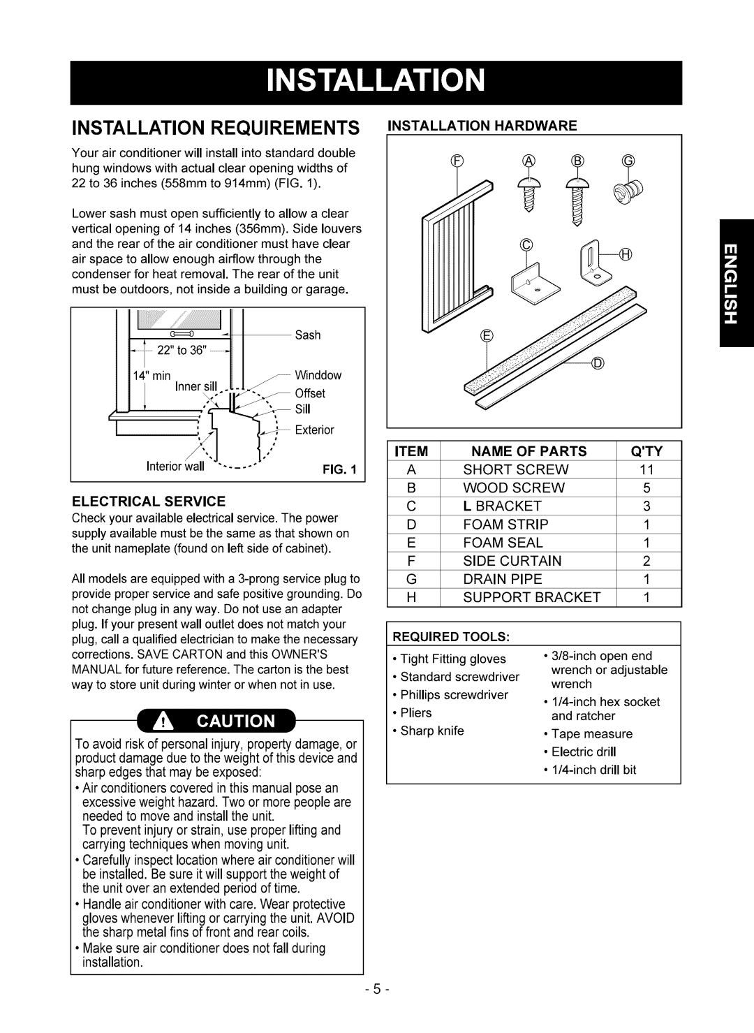 Kenmore 580.75051 owner manual Installation Requirements Installation Hardware, Name Of Parts 