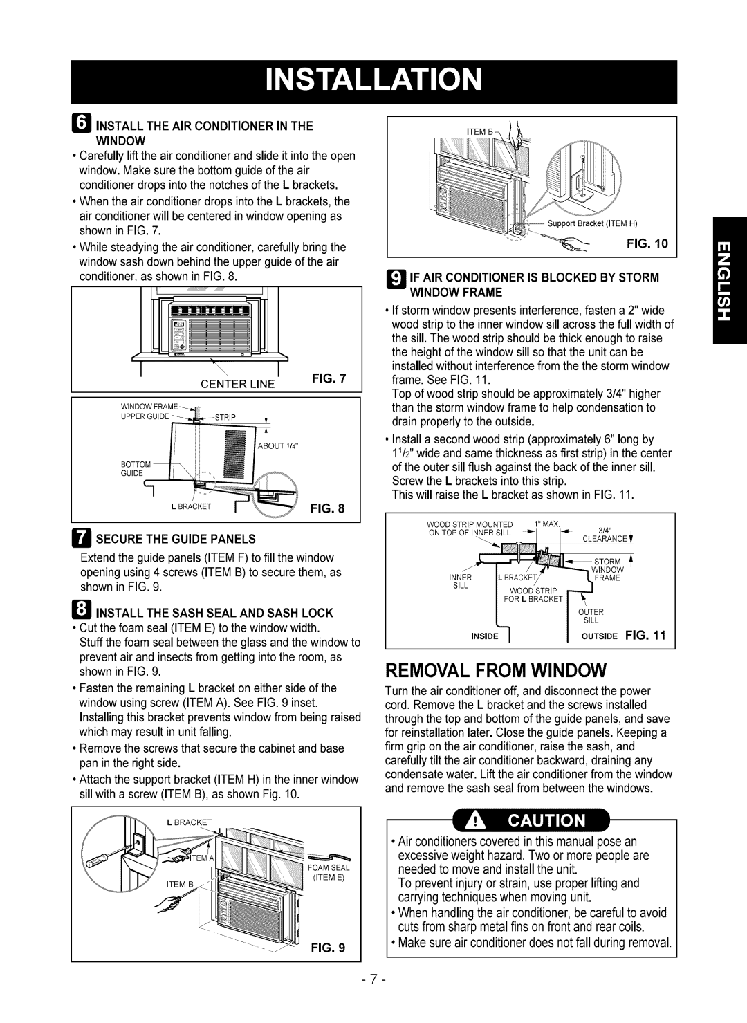 Kenmore 580.75051 owner manual Removal From Window, If Air Conditioner Is Blocked By Storm, Window Frame, Outsidefig 