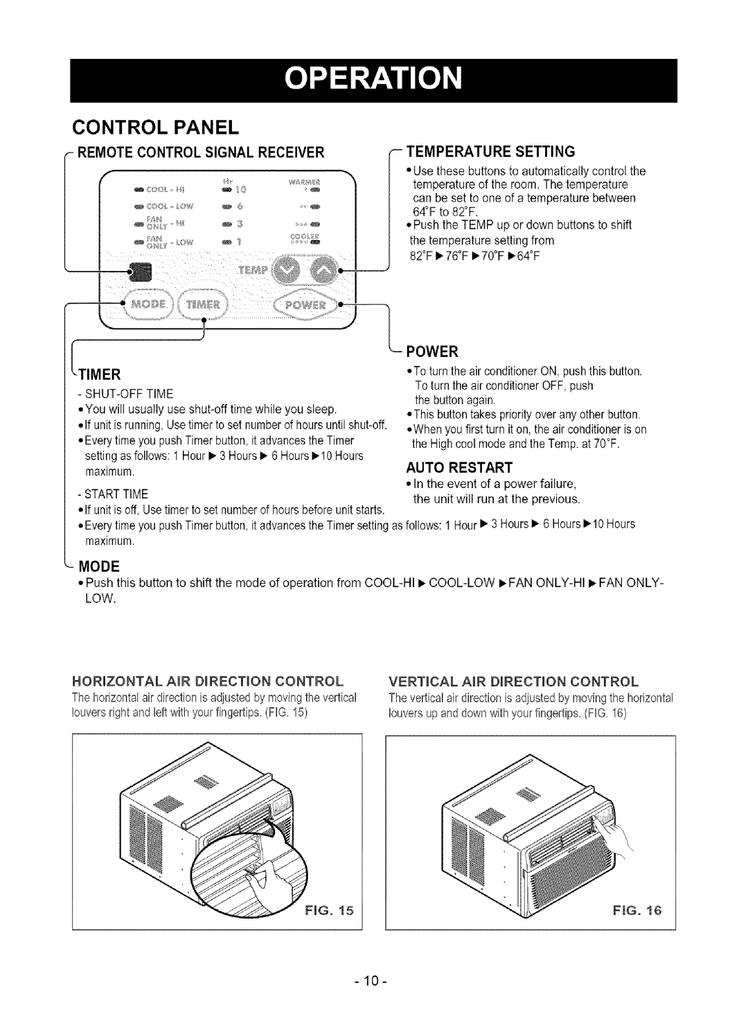 Kenmore 580.75080 owner manual Control Panel, Remote Control Signal Receiver Temperature Setting, Auto Restart, Mode 