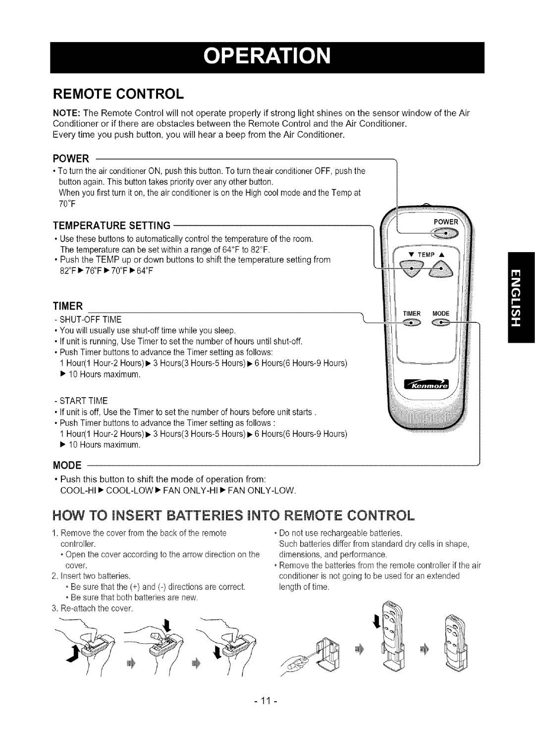 Kenmore 580.75080 owner manual HOW to iNSERT Batteries iNTO Remote Control, Power, Timer, Mode 