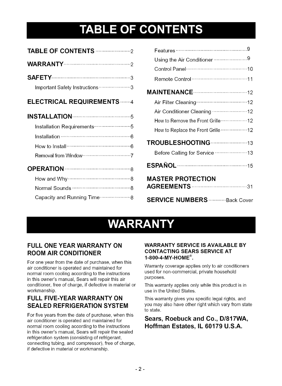 Kenmore 580.75080 owner manual Features Using the Air Conditioner Control Panel, Agreements, Numbers, Back Cover 