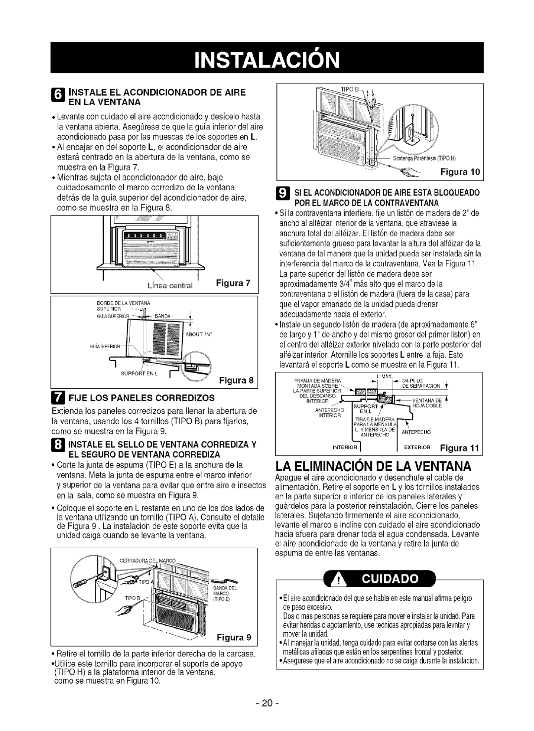 Kenmore 580.75080 owner manual LA ELIMINACI6N DE LA Ventana, Instale EL Acondicionador DE Aire EN LA Ventana 