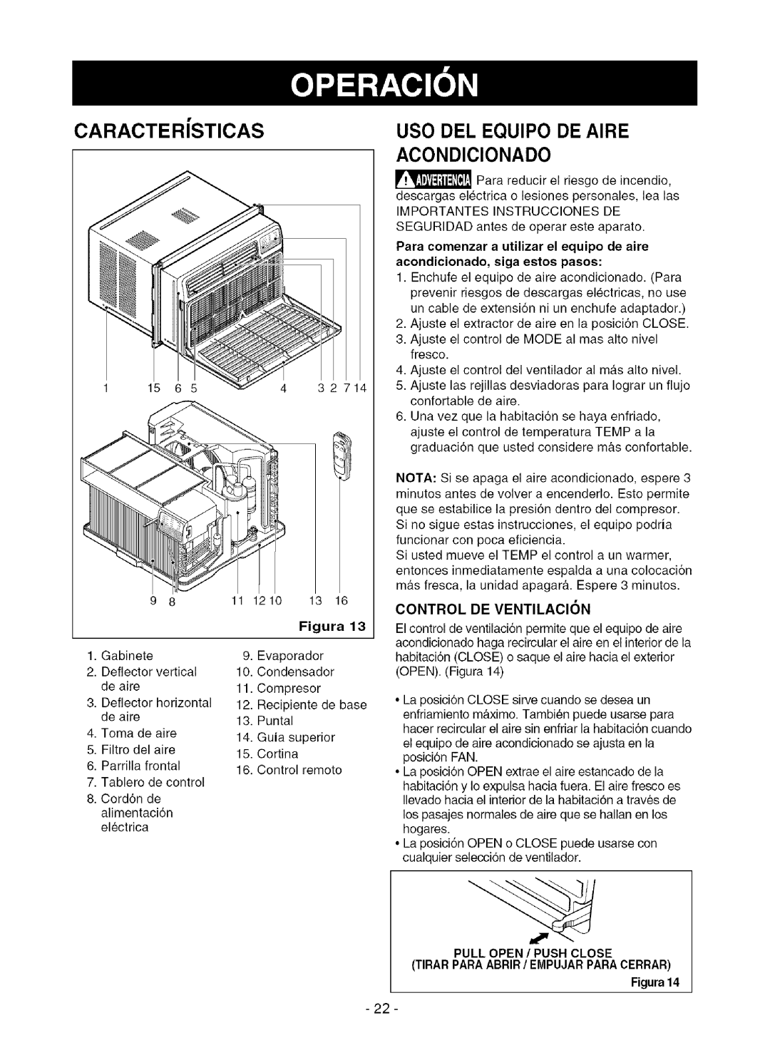 Kenmore 580.75080 owner manual CARACTERiSTICAS, USO DEL Equipo DE Aire Acondicionado, Importantes Instrucciones 