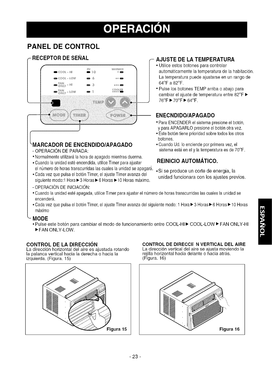 Kenmore 580.75080 owner manual Panel DE Control, Receptor DE Senal Ajuste DE LA Temperatura, Control DE LA Direccion 