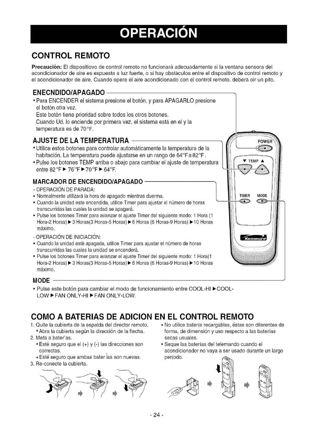 Kenmore 580.75080 owner manual Como a Baterias DE ADIClON EN EL Control Remoto, Marcador DE ENCENDIDO/APAGADO 