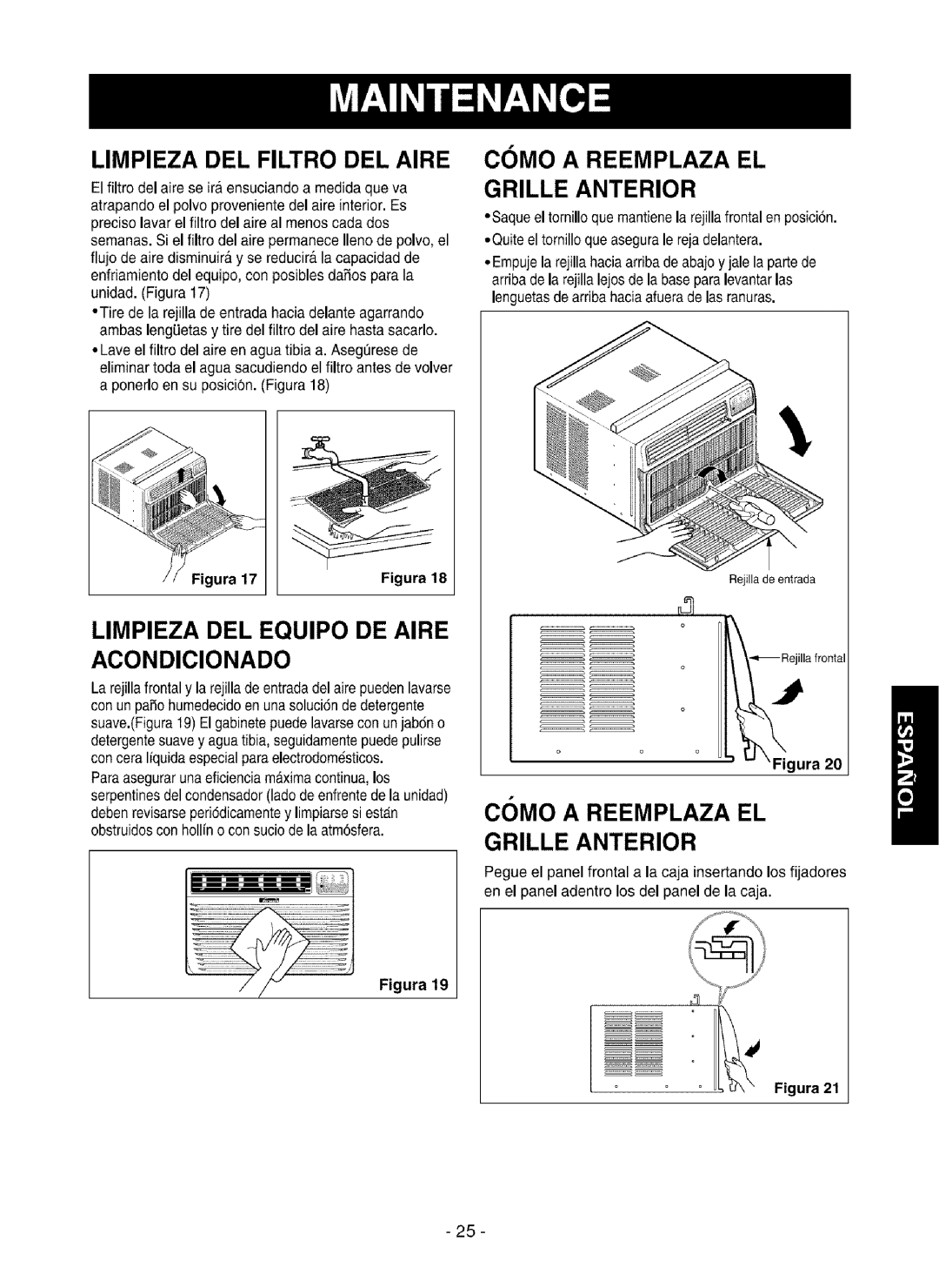 Kenmore 580.75080 owner manual Limpieza DEL Filtro DEL Aire, Limpieza DEL Equipo DE Aire Acondicionado 