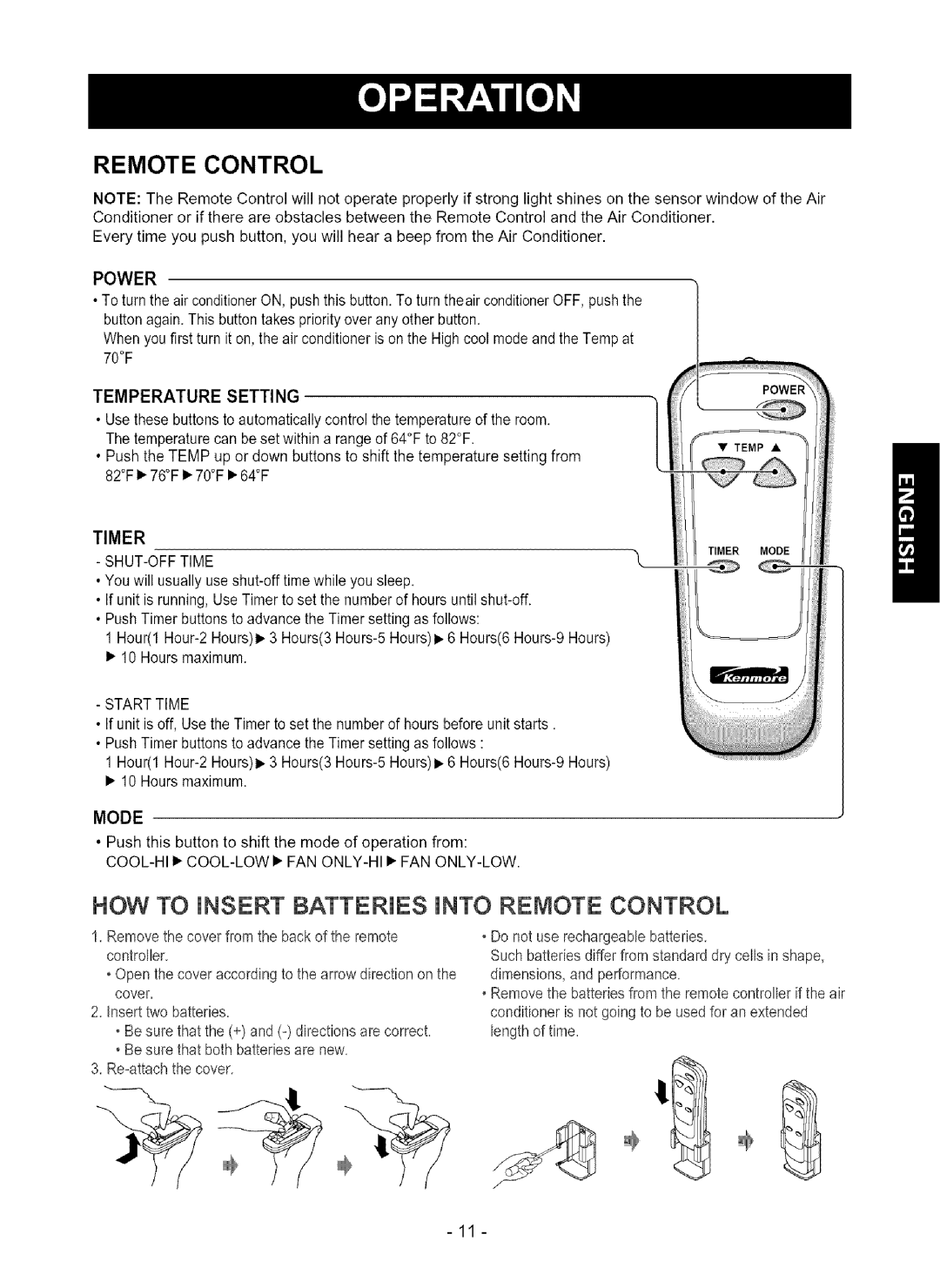 Kenmore 580.75080 Remote Control, HOW TO iNSERT BATTERIES iNTO REMOTE CONTROL, Power, Temperature Setting, Timer, Mode 
