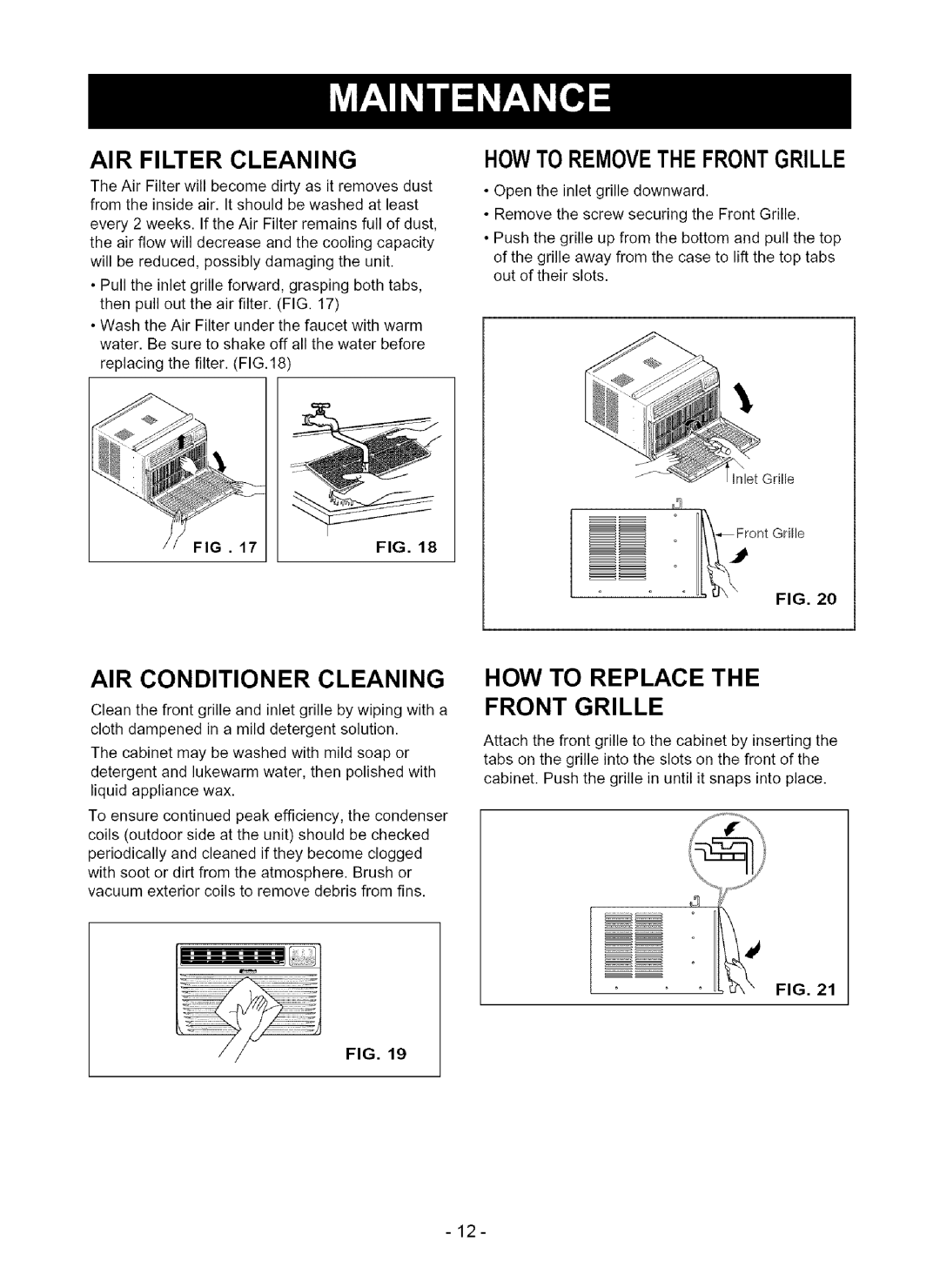 Kenmore 580.75080 owner manual Air Filter Cleaning, Air Conditioner Cleaning, Howto Removethe Frontgrille 