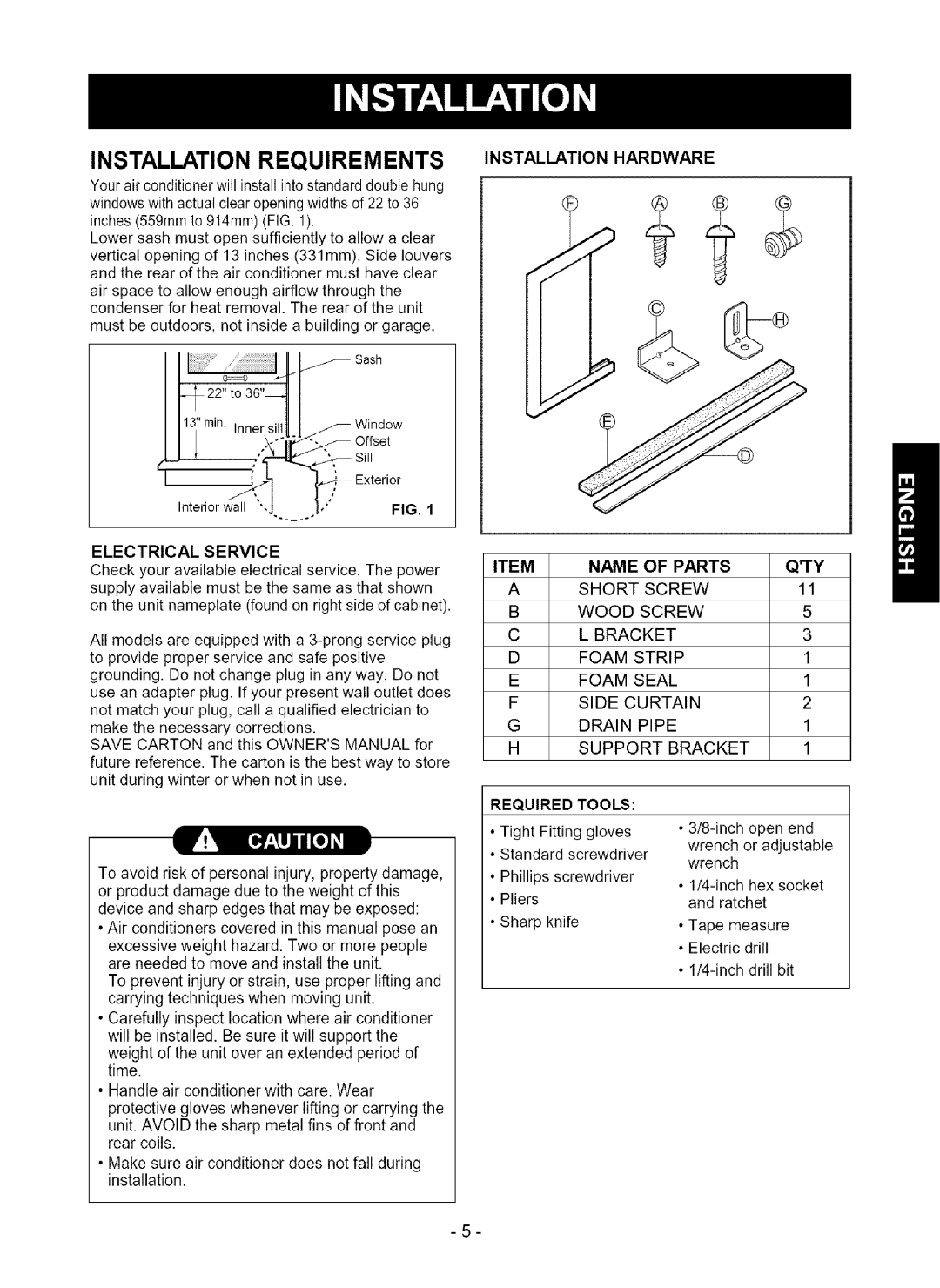 Kenmore 580.75080 owner manual Installation Requirements Installation Hardware, 22to36qI, 1113mninnersilll, Window 