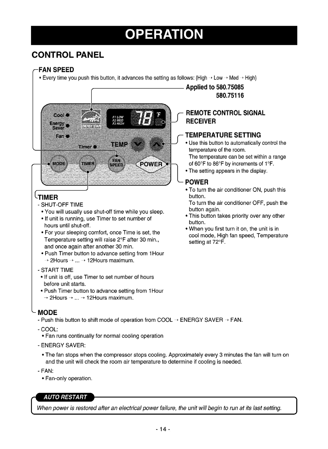 Kenmore 580.75135, 580.75085 owner manual Control Panel, FAN Speed, Applied 580.75116, Receiver, Mode 