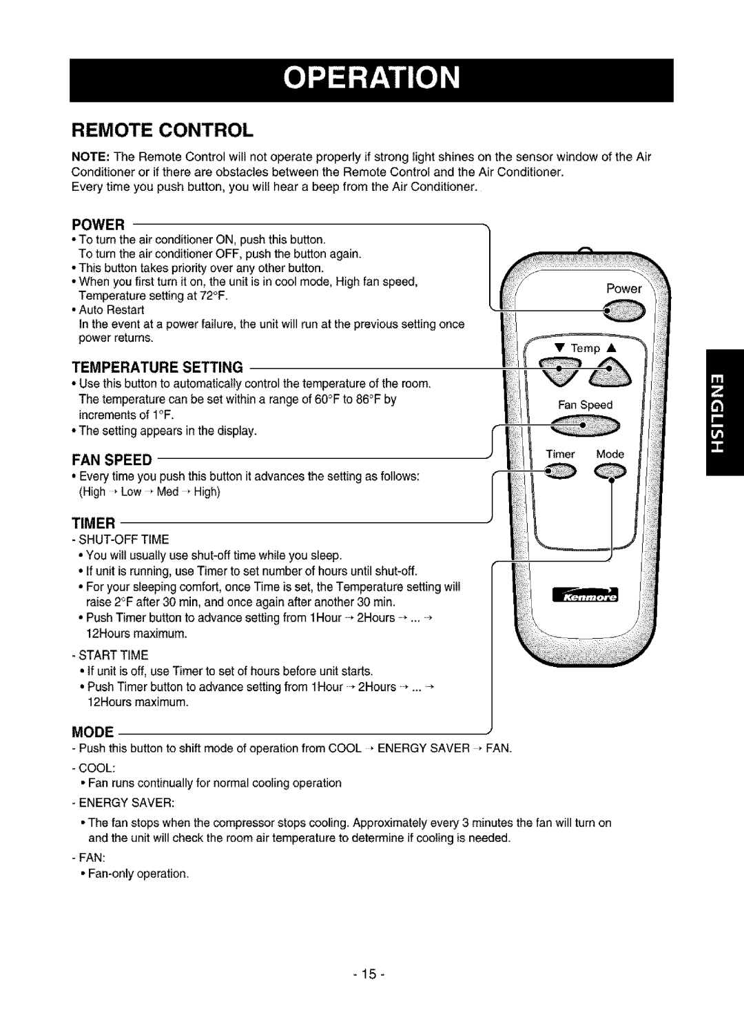 Kenmore 580.75135, 580.75085, 580.75116 owner manual Remote Control, Power, Temperature Setting, Timer SHUT-OFF Time 