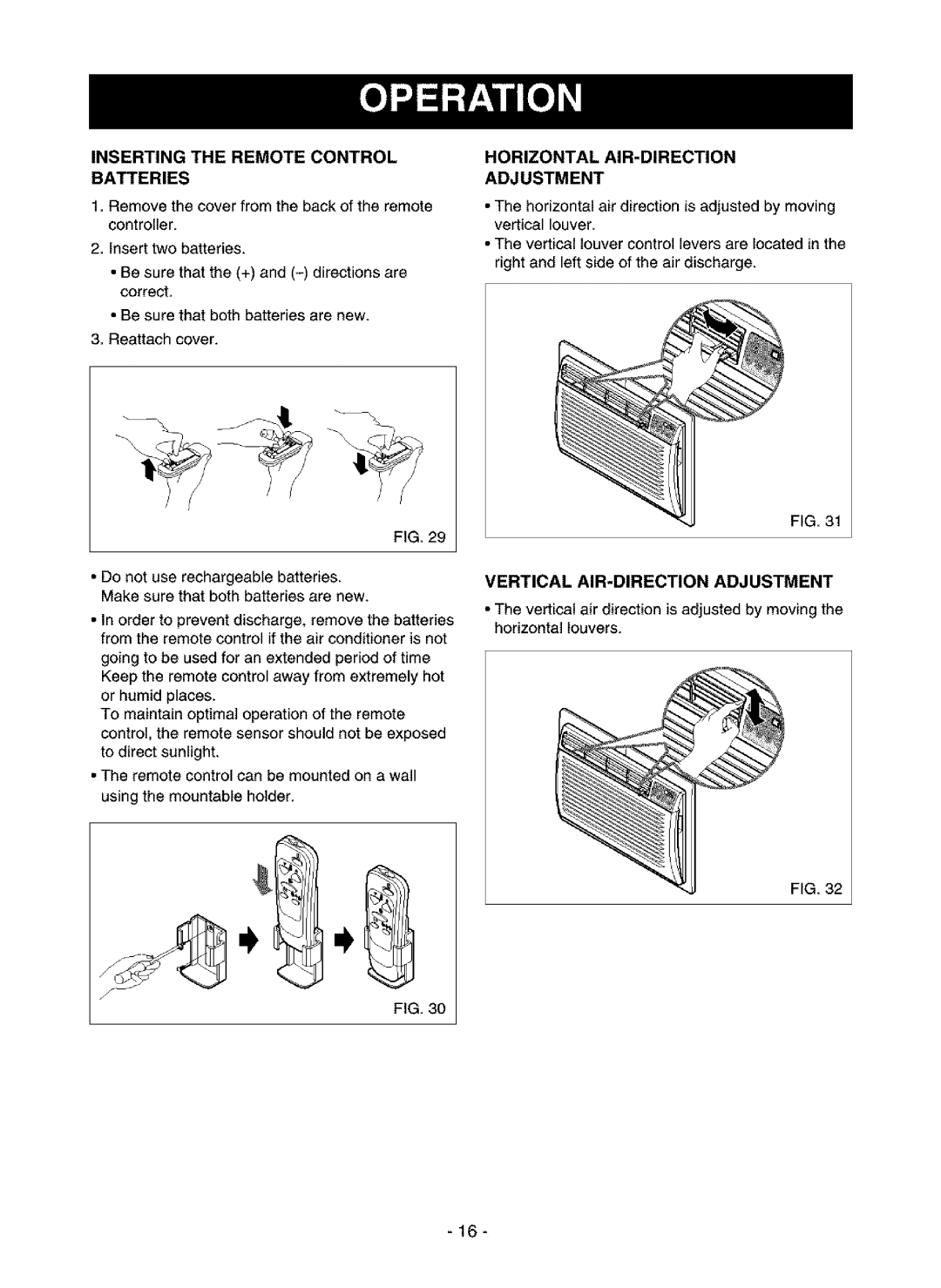 Kenmore 580.75085, 580.75135, 580.75116 Horizontal AIR-DIRECTION Adjustment, Inserting the Remote Control Batteries 