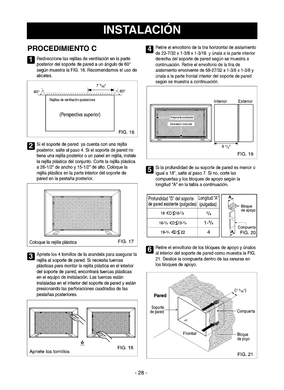 Kenmore 580.75085, 580.75135, 580.75116 owner manual Procedimiento C, Perspectivasuperior, 18 D18-%, Pared 