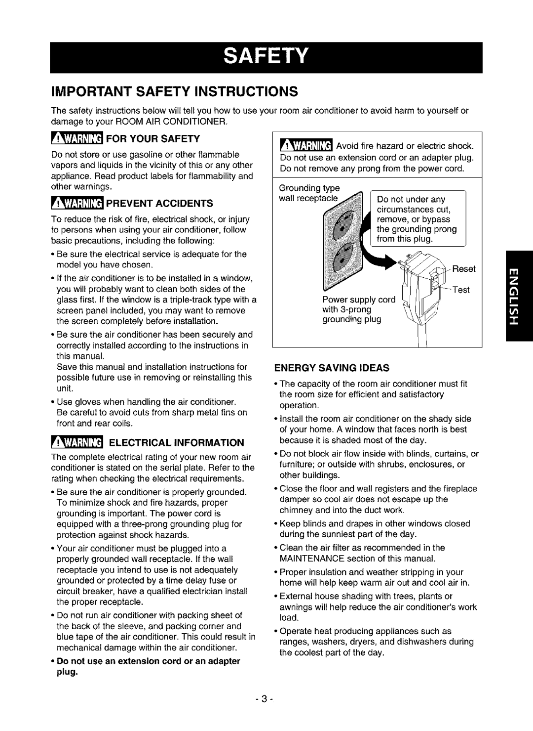 Kenmore 580.75135 Important Safety Instructions, Damage to your Room AIR Conditioner, For Your Safety, Energy Saving Ideas 