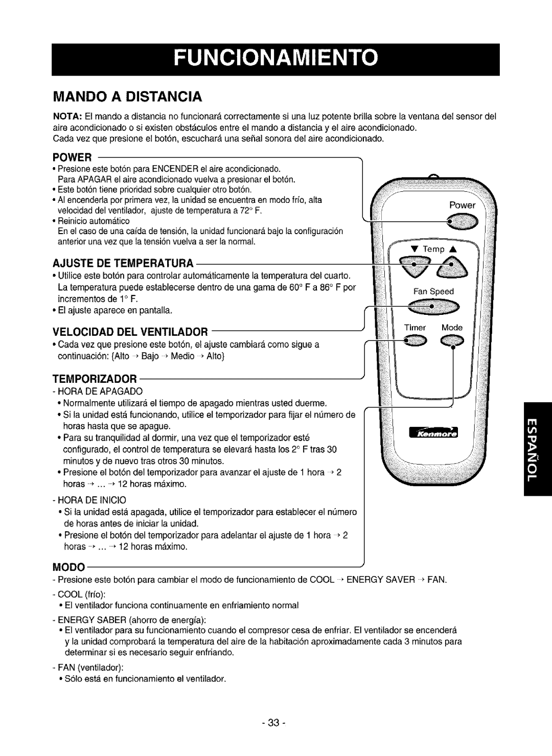 Kenmore 580.75135, 580.75085, 580.75116 Mando a Distancia, Velocidad DEL Ventilador, Ajuste DE Temperatura, Temporizador 