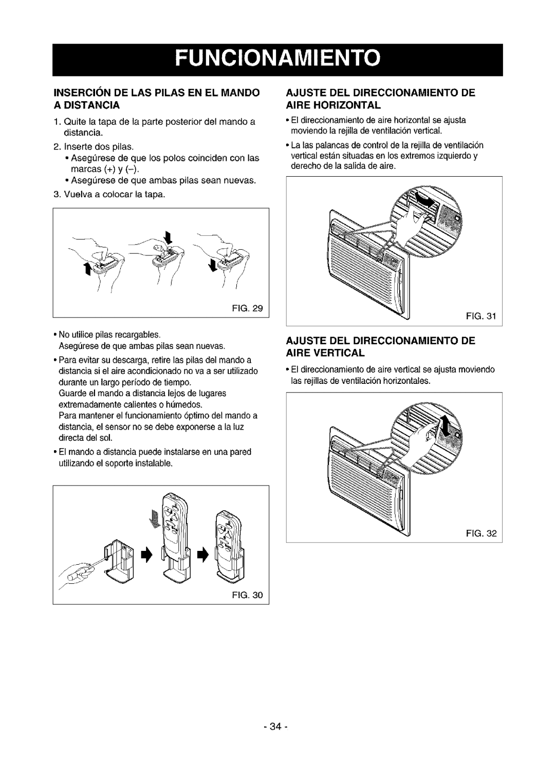 Kenmore 580.75085, 580.75135 Ajuste DEL Direccionamiento DE Aire Horizontal, Insercion DE LAS Pilas EN EL Mando Distancia 