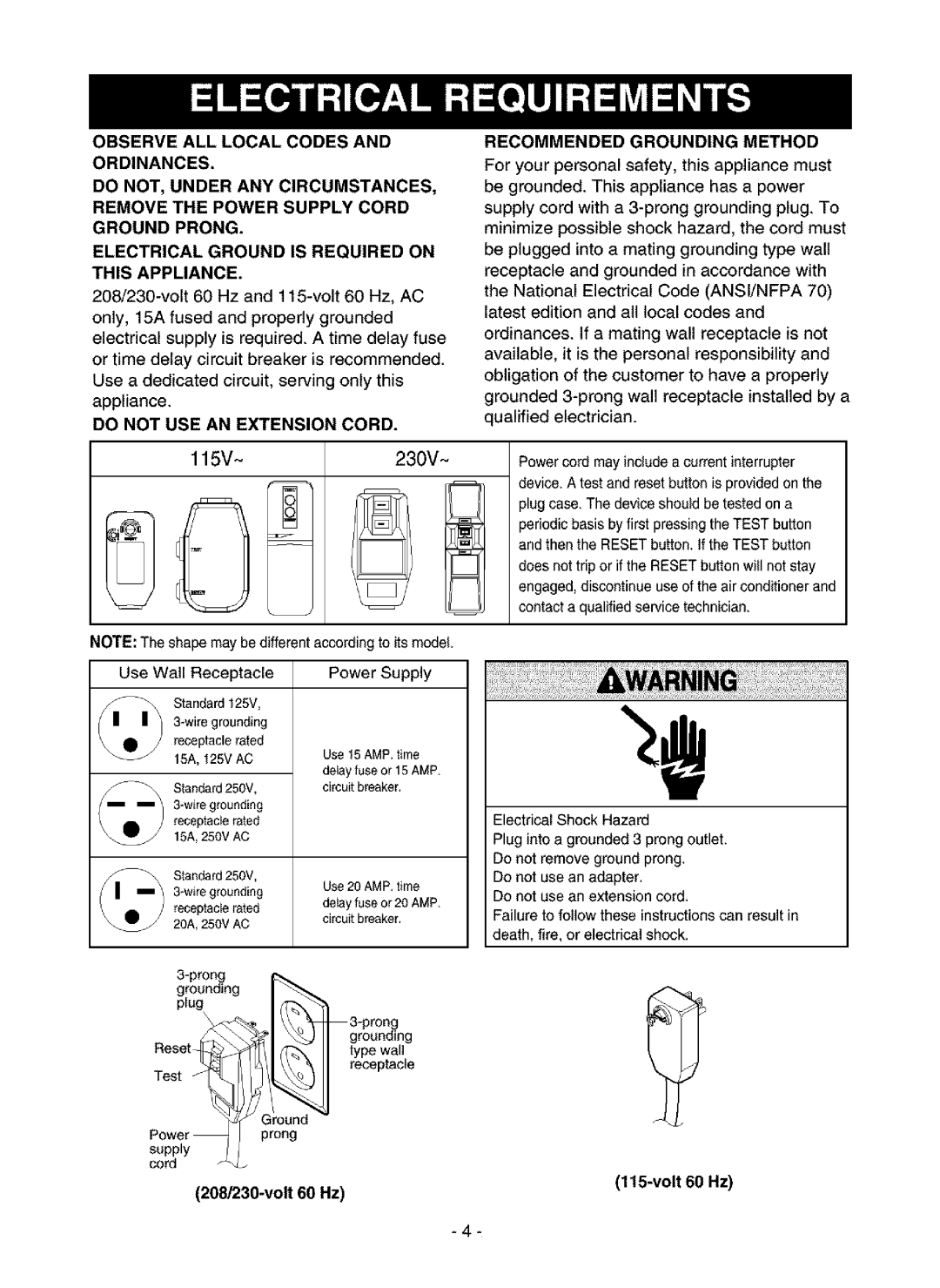 Kenmore 580.75085, 580.75135, 580.75116 owner manual Recommended Grounding Method, 208/230-volt 60 Hz 