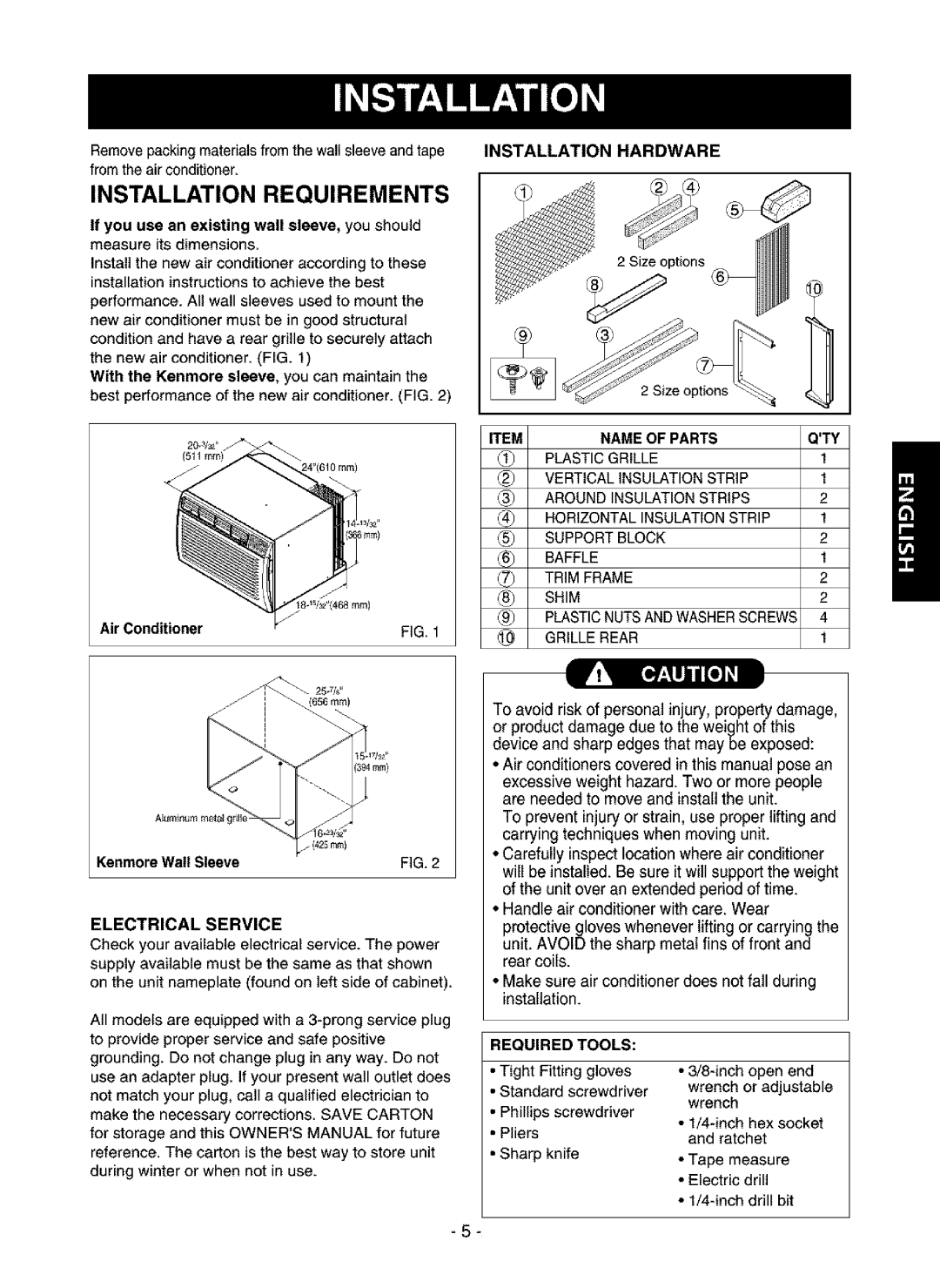 Kenmore 580.75116, 580.75135, 580.75085 owner manual Kenmore Wall Sleeve, Electrical Service, Required Tools 