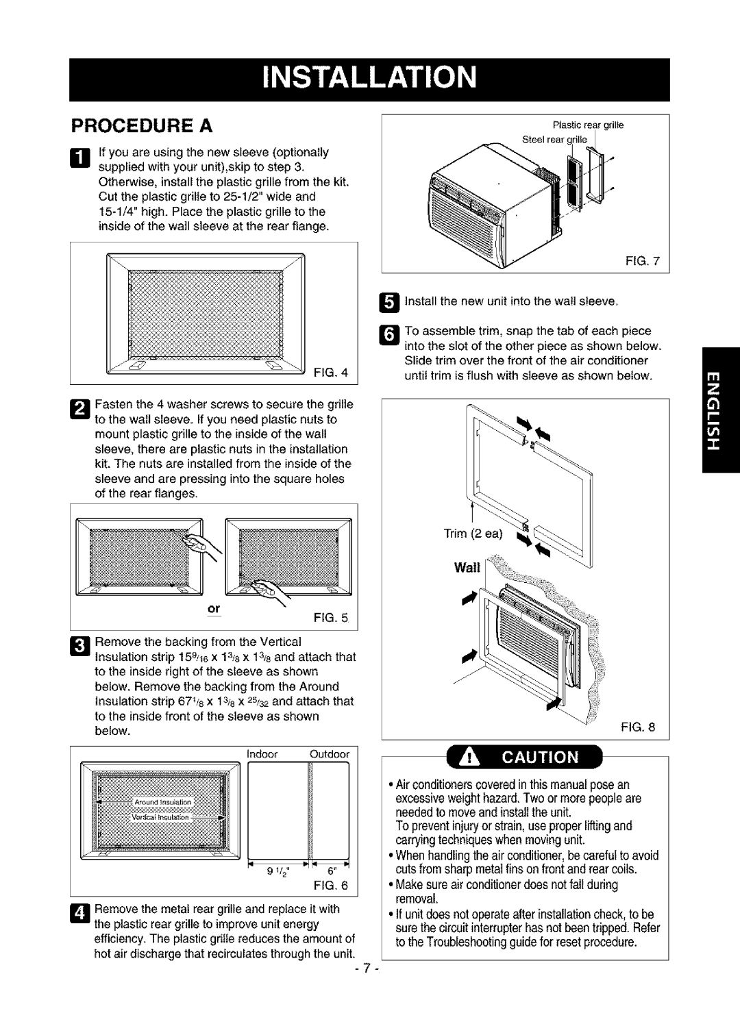 Kenmore 580.75085, 580.75135, 580.75116 owner manual Procedure a, Makesureairconditionerdoesnotfall during removal, Wall 