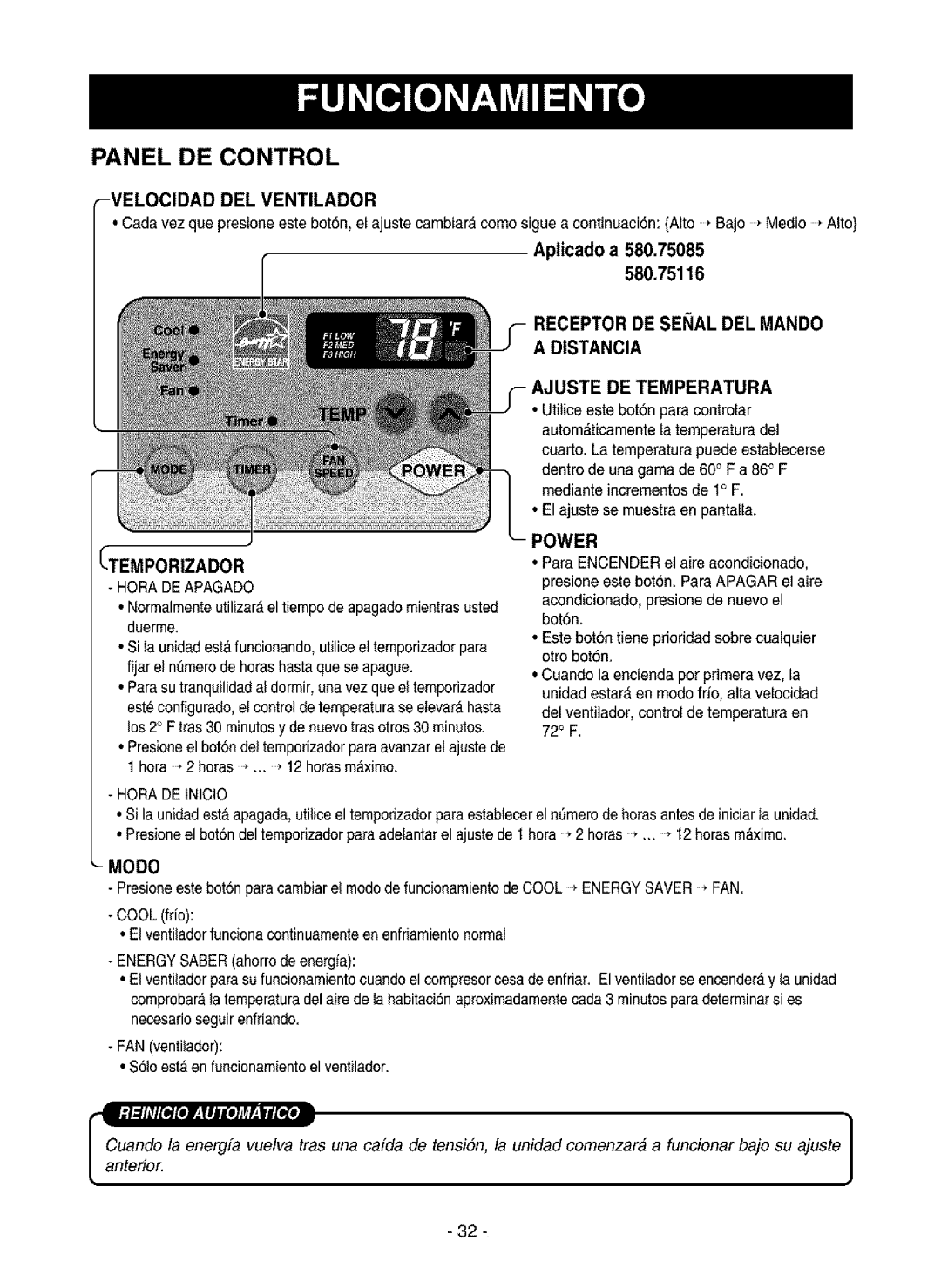 Kenmore 580.75116 Panel De Control, Velocidad Del Ventilador, Aplicado a, Ei Al Del Mando A Distancia, Temporizador, Modo 