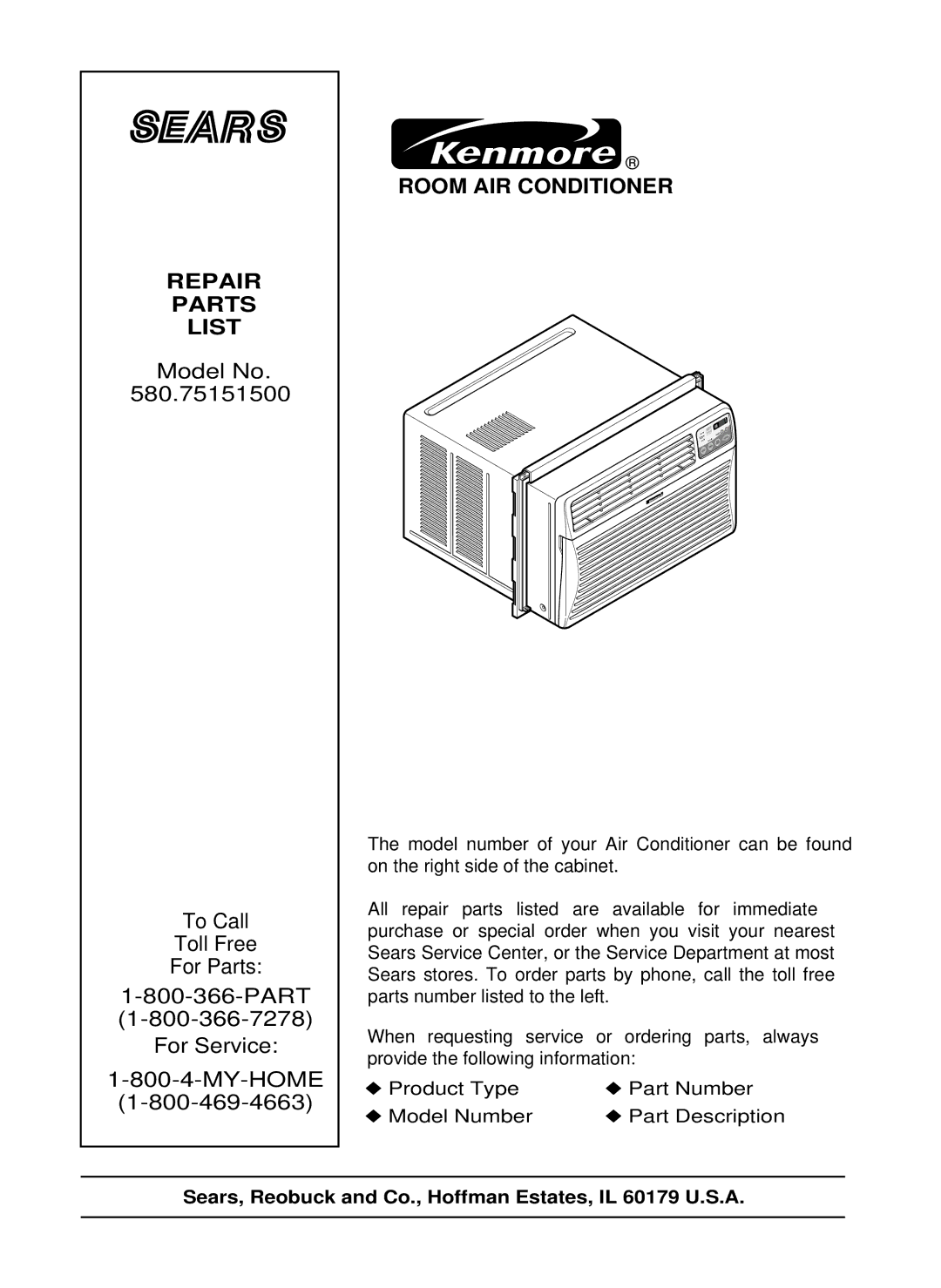 Kenmore 580.751515 manual Repair Parts List 