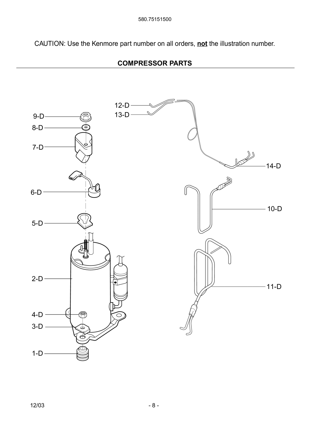 Kenmore 580.751515 manual Compressor Parts 