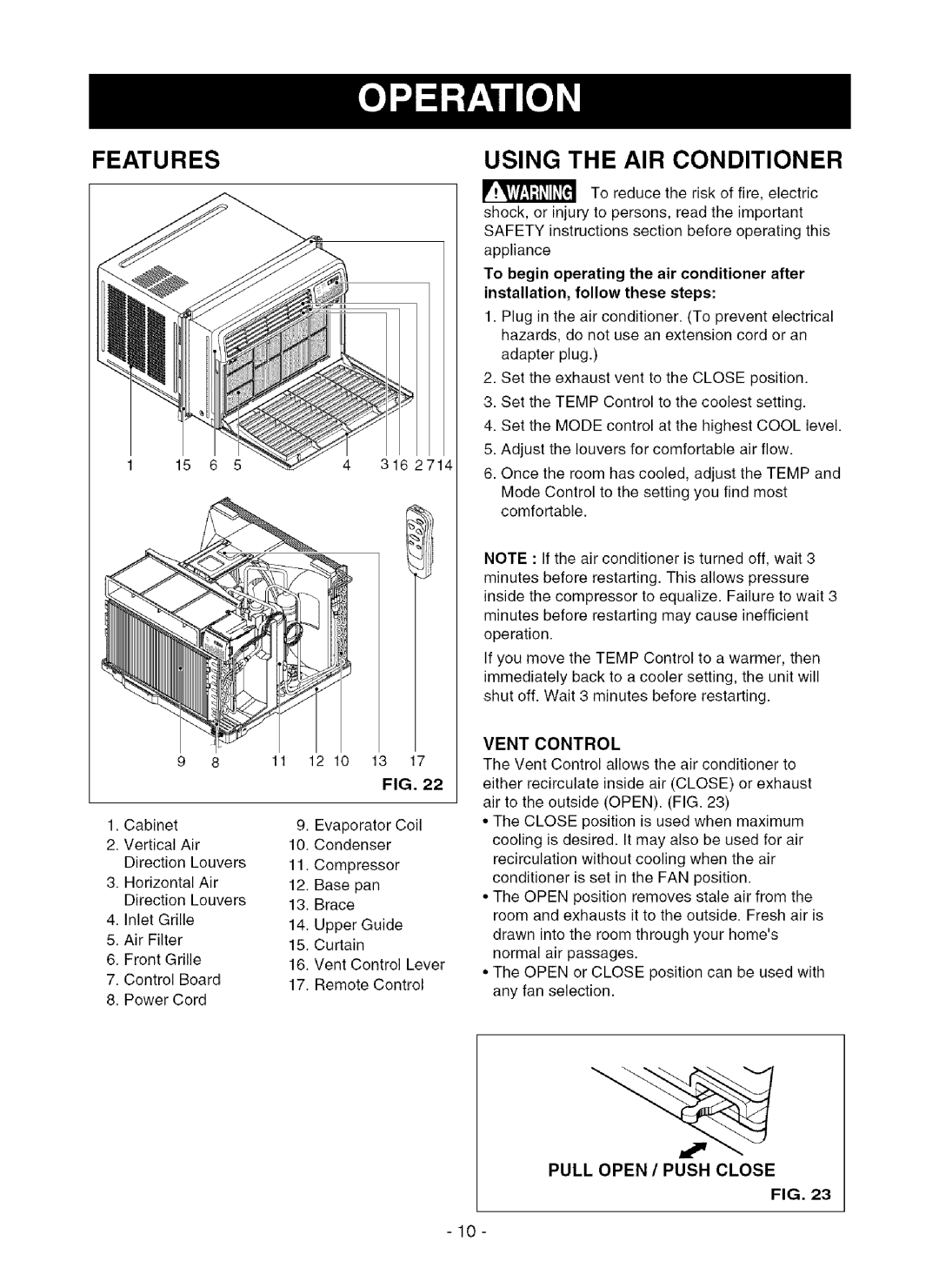 Kenmore 580.75281 owner manual Features, Using the AIR Conditioner, Vent Control, Pull Open / Push Close 