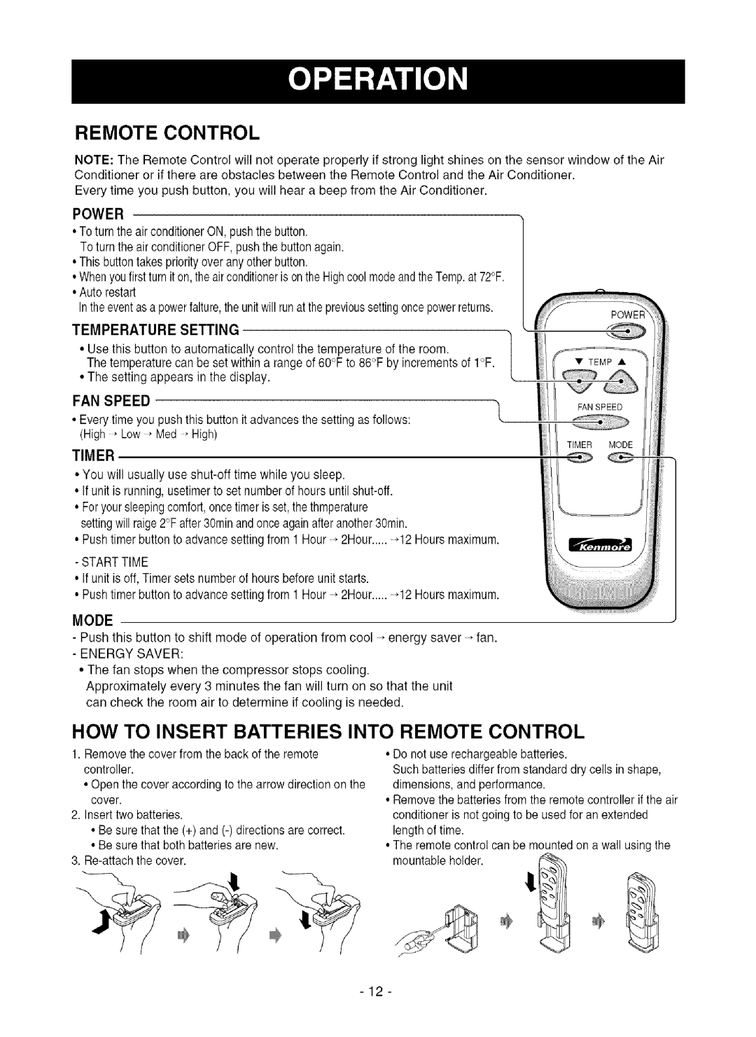 Kenmore 580.75281 owner manual HOW to Insert Batteries Into Remote Control, Temperature Setting, Timer, Mode 